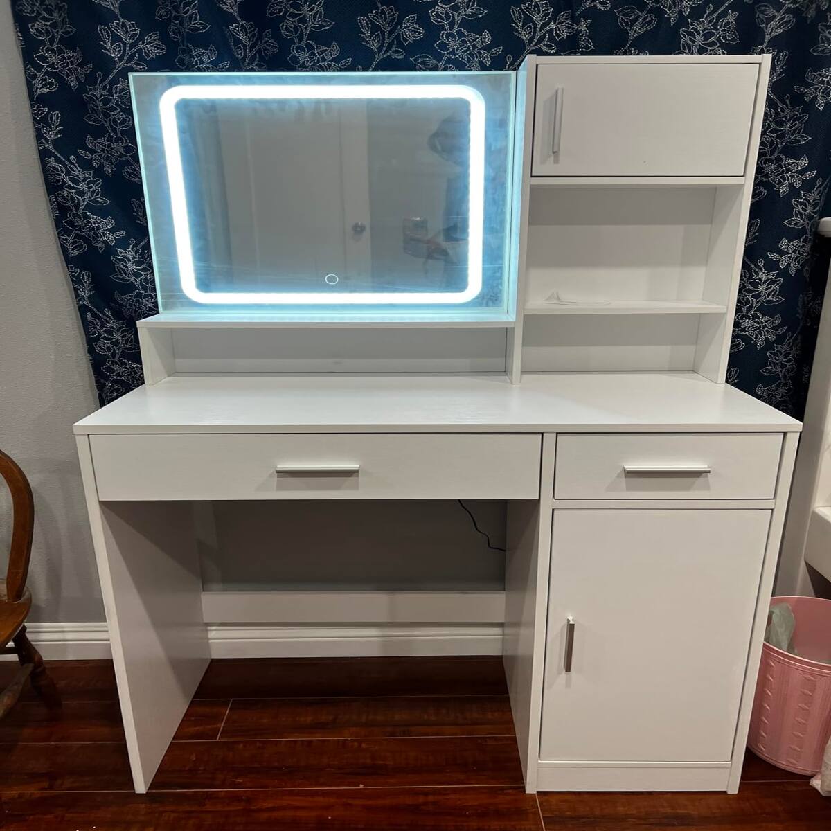 Left. Loheer - Loheer Makeup Desk with LED Mirror, Rose Pink Vanity with Large Drawer and Three-Level Storage - Rose Pink.