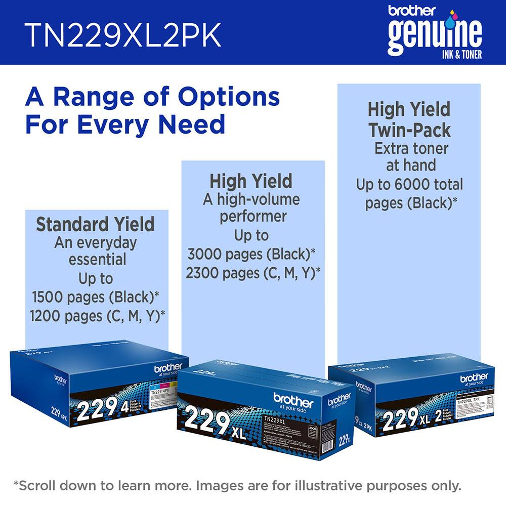 TN229XL2PK

A Range of Options For Every Need

Standard Yield
An everyday essential
Up to
1500 pages (Black)*
1200 pages (C, M, Y)*

High Yield
A high-volume performer
Up to
3000 pages (Black)*
2300 pages (C, M, Y)*

High Yield Twin-Pack
Extra toner at hand
Up to 6000 total pages (Black)*

brother genuine INK & TONER

*Scroll down to learn more. Images are for illustrative purposes only.
