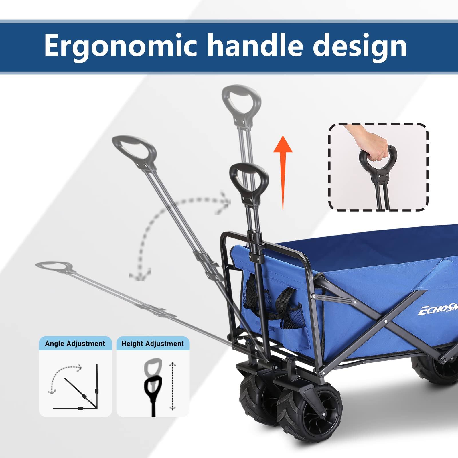 Ergonomic handle design, Angle Adjustment, Height Adjustment.