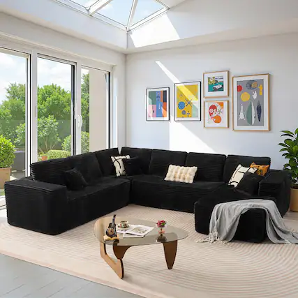 Front. Ovios - 133" Modular Sectional Sofa, U Shaped Couch with Chaise Lounge for Living Room - Black(Right Facing, J10).