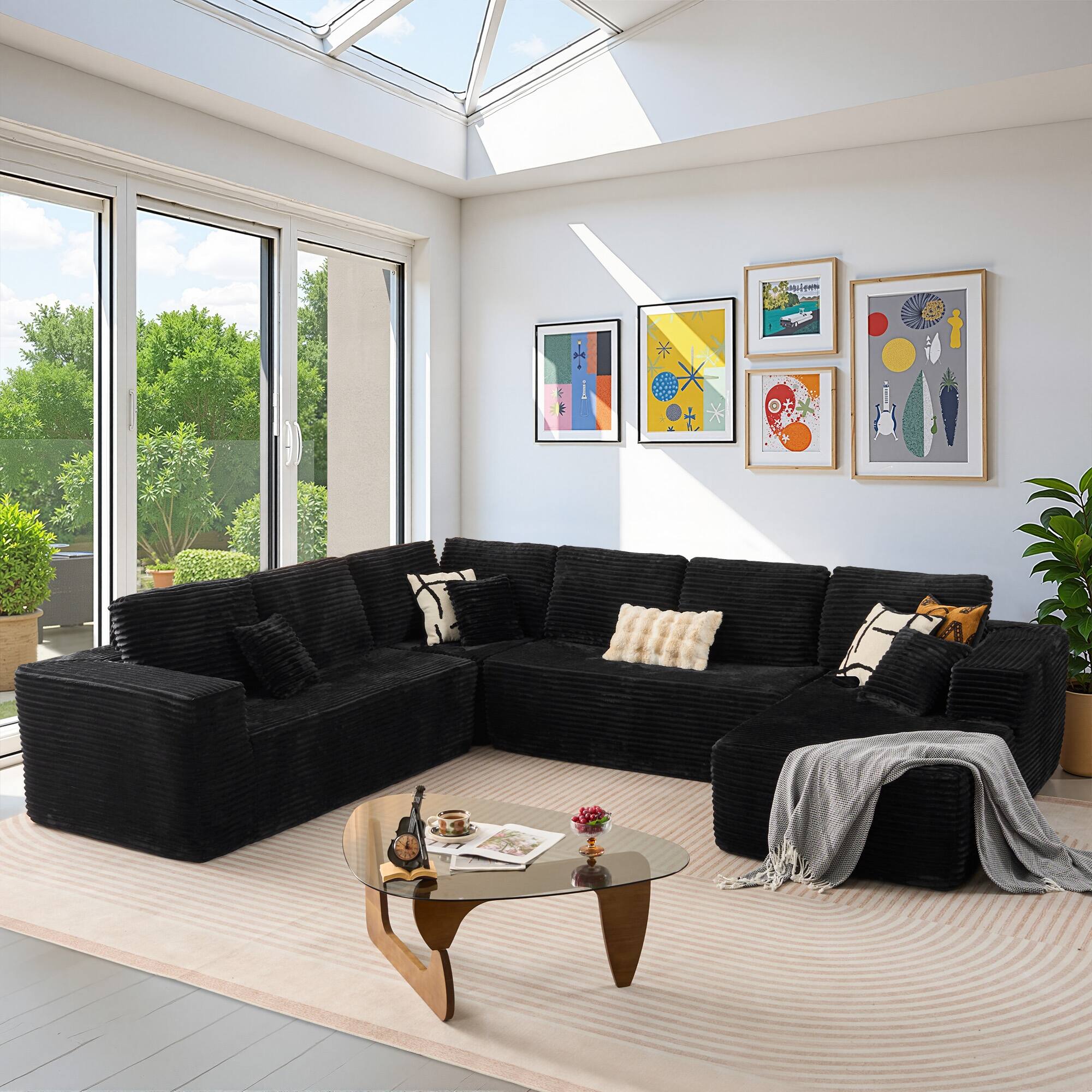 Ovios - 133" Modular Sectional Sofa, U Shaped Couch with Chaise Lounge for Living Room - Black(Right Facing, J10)