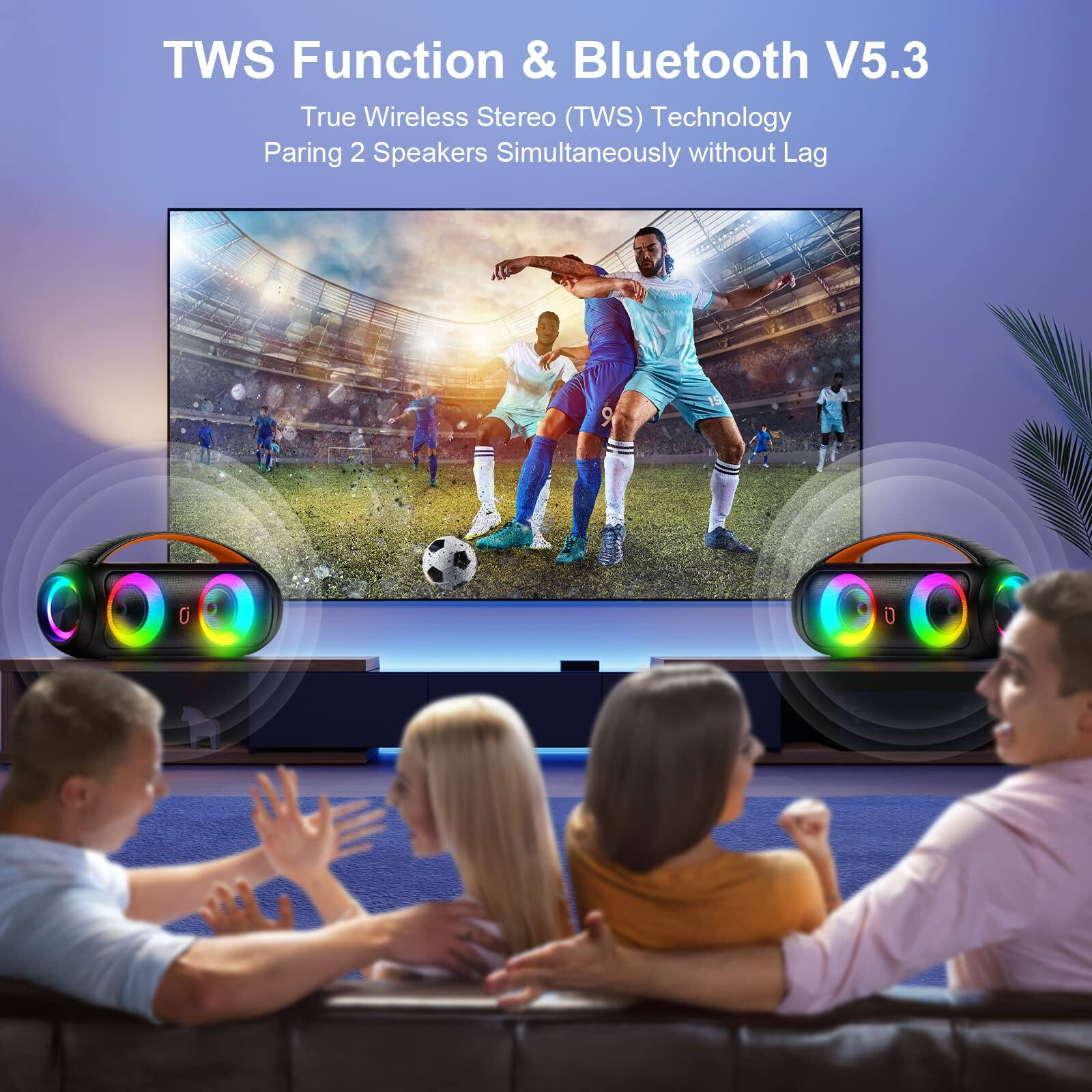 TWS Function & Bluetooth V5.3  
True Wireless Stereo (TWS) Technology  
Pairing 2 Speakers Simultaneously without Lag