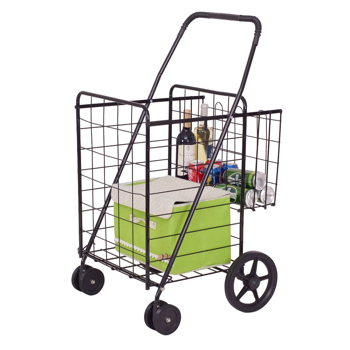 Vares ver a cart with a green box and a black basket. The cart is filled with various items, including a bottle of wine and a six pack of beer. The basket is attached to the cart, making it easy to transport these items.