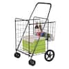 Vares ver a cart with a green box and a black basket. The cart is filled with various items, including a bottle of wine and a six pack of beer. The basket is attached to the cart, making it easy to transport these items.