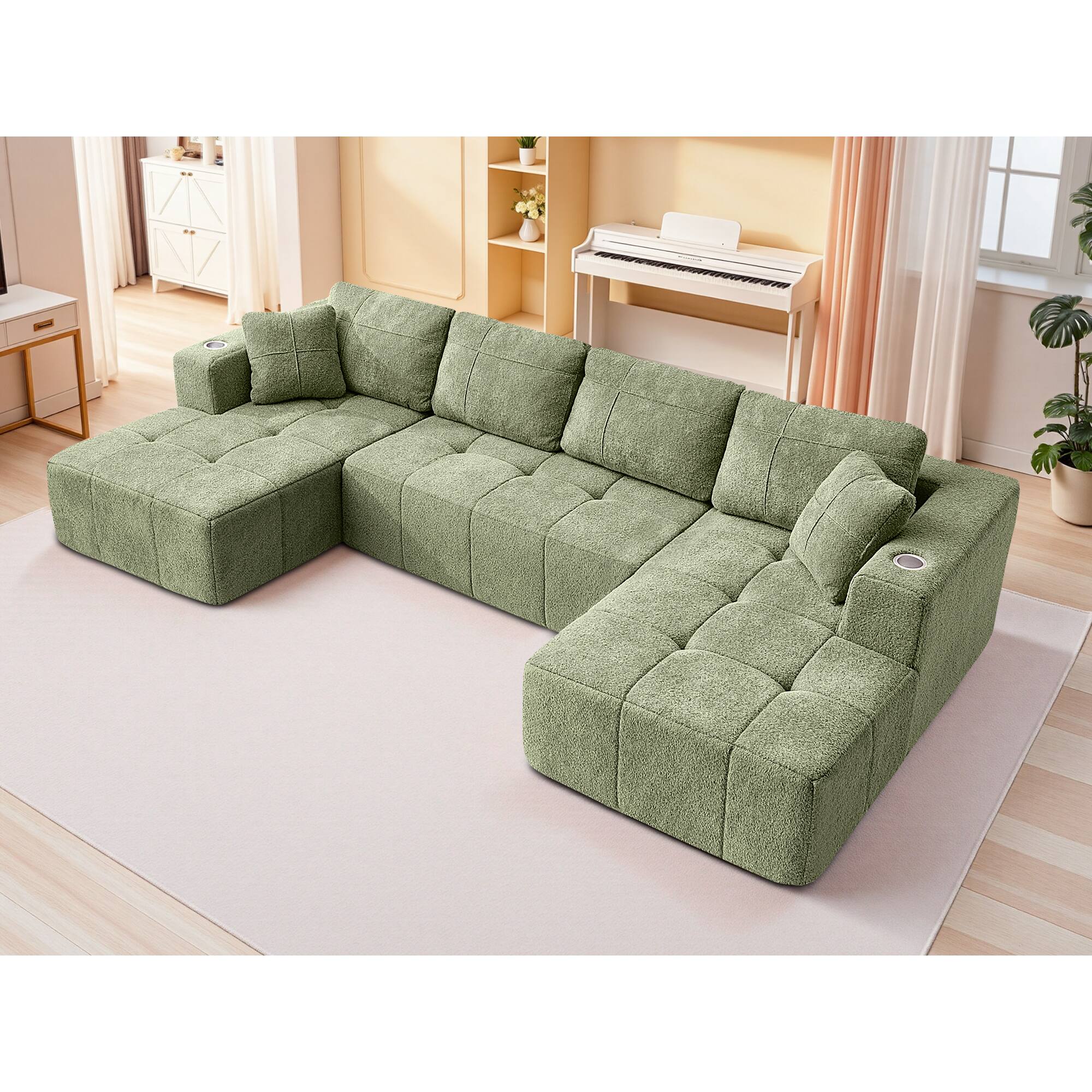 Left. Brick Attic - 136" U-Shaped Modular Tufted Sectional Sofa, Modern Cloud Couch 3-Piece Upholstered Design for Living Room - Apple Green.