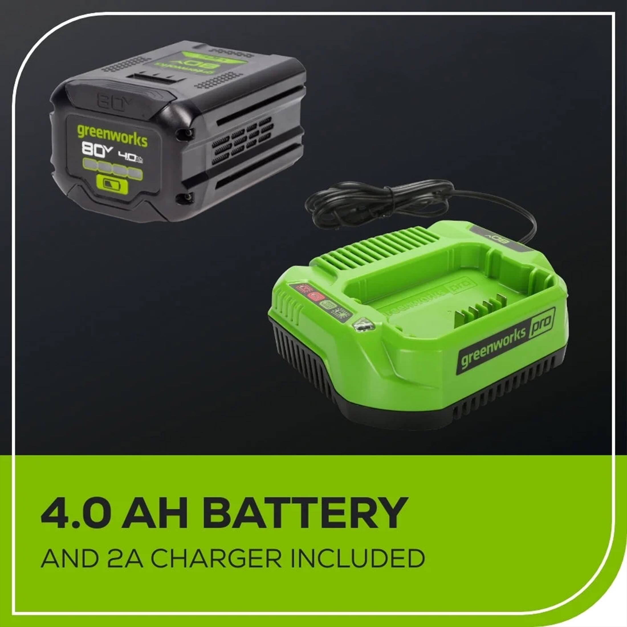 - Greenworks
- 80Y
- 40S
- Greenworks Pro
- 4.0 AH Battery and 2A Charger Included