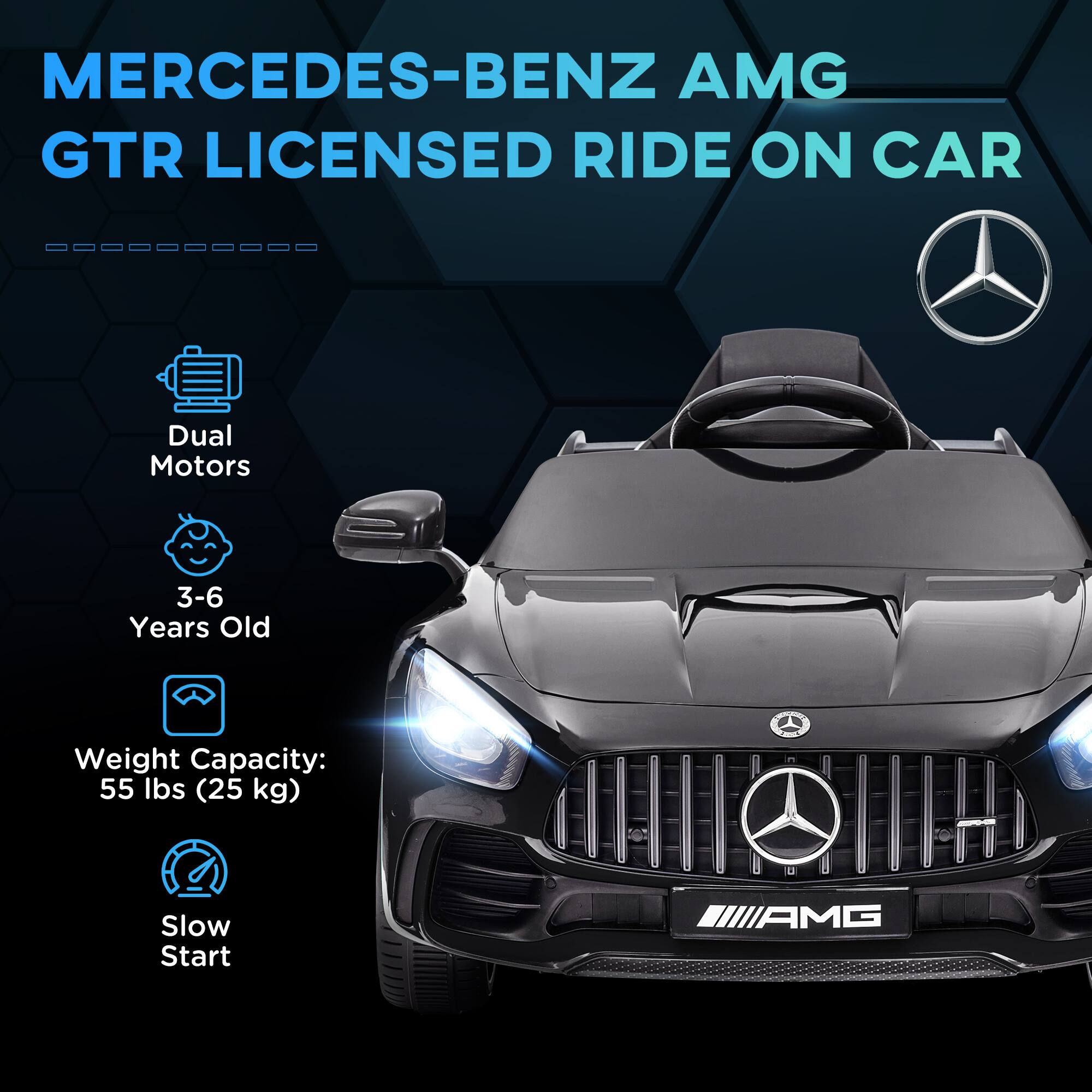 MERCEDES-BENZ AMG GTR LICENSED RIDE ON CAR

- Dual Motors
- 3-6 Years Old
- Weight Capacity: 55 lbs (25 kg)
- Slow Start