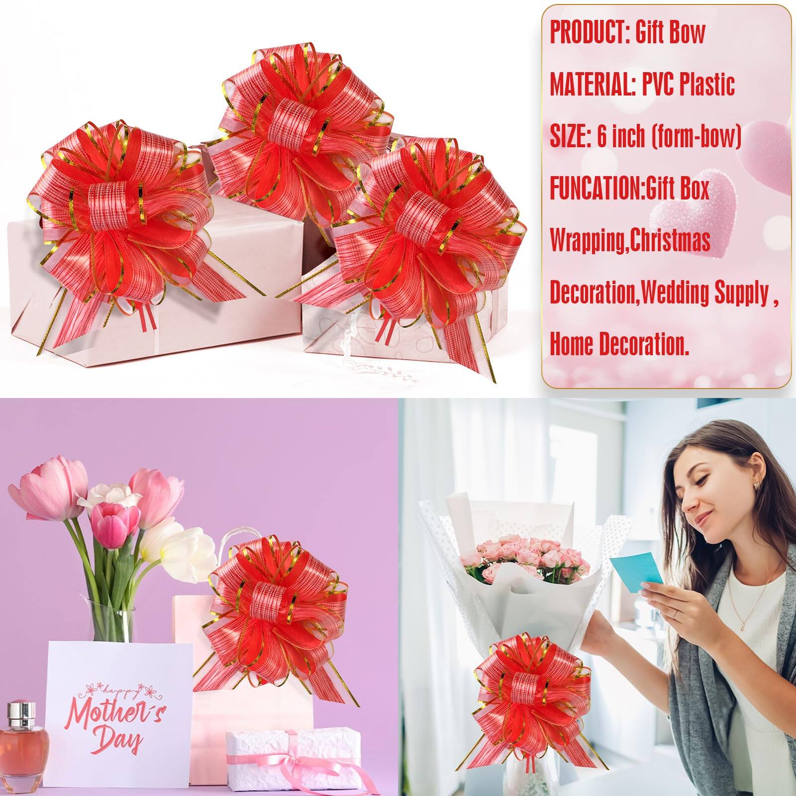 PRODUCT: Gift Bow  
MATERIAL: PVC Plastic  
SIZE: 6 inch (form-bow)  
FUNCTION: Gift Box Wrapping, Christmas Decoration, Wedding Supply, Home Decoration, Mother's Day