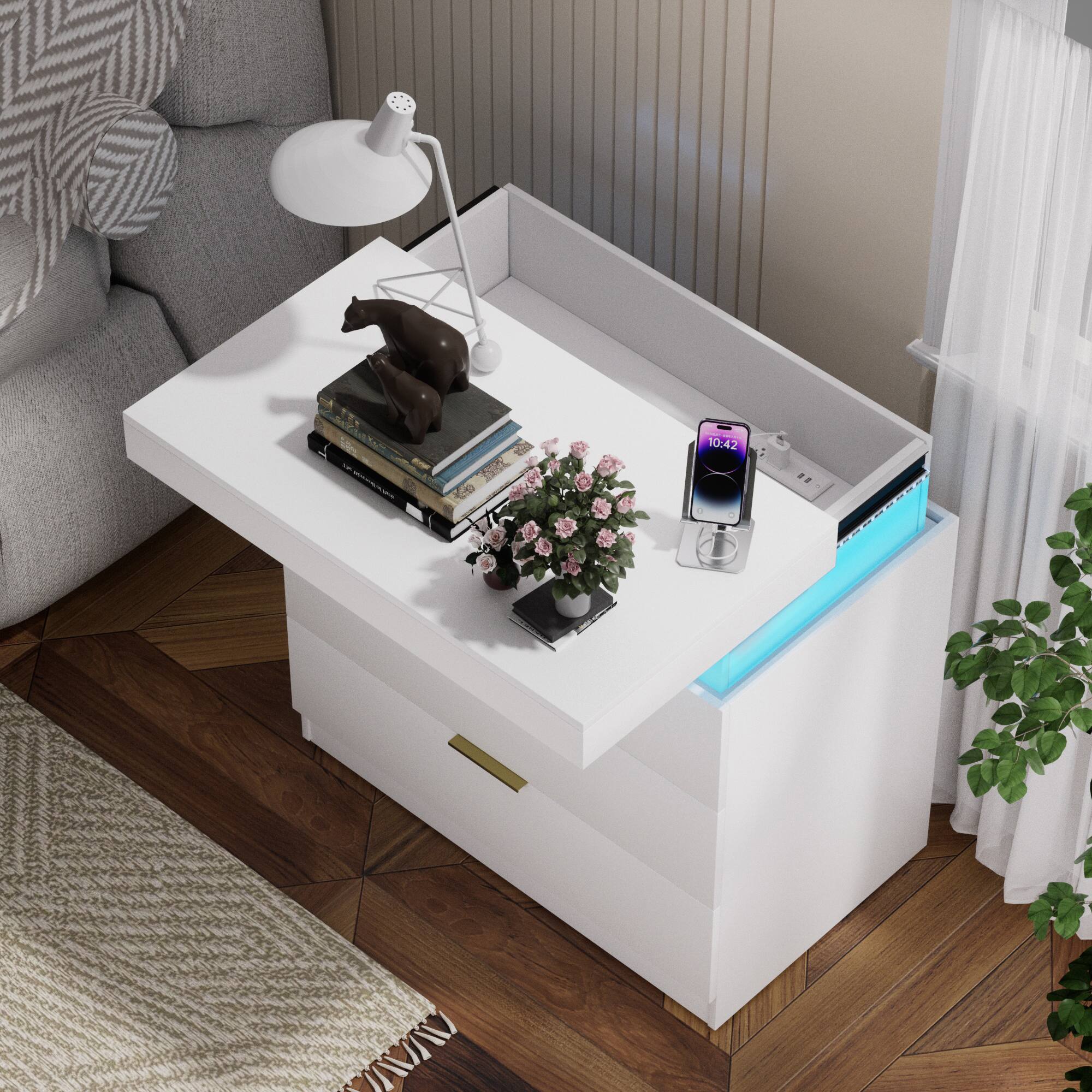 Back. Tiramisubest - Modern Nightstand with 3 Drawers,Charging Station and LED Lights,Night Stand with Sliding Top for Bedroom,White - White.