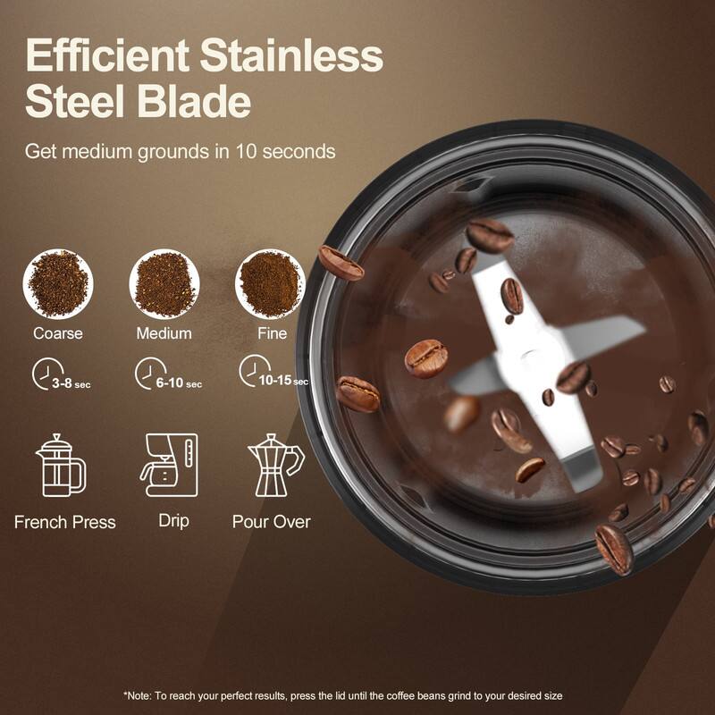 Efficient Stainless Steel Blade

Get medium grounds in 10 seconds

Coarse  
3-8 sec

Medium  
6-10 sec

Fine  
10-15 sec

French Press  
Drip  
Pour Over

*Note: To reach your perfect results, press the lid until the coffee beans grind to your desired size
