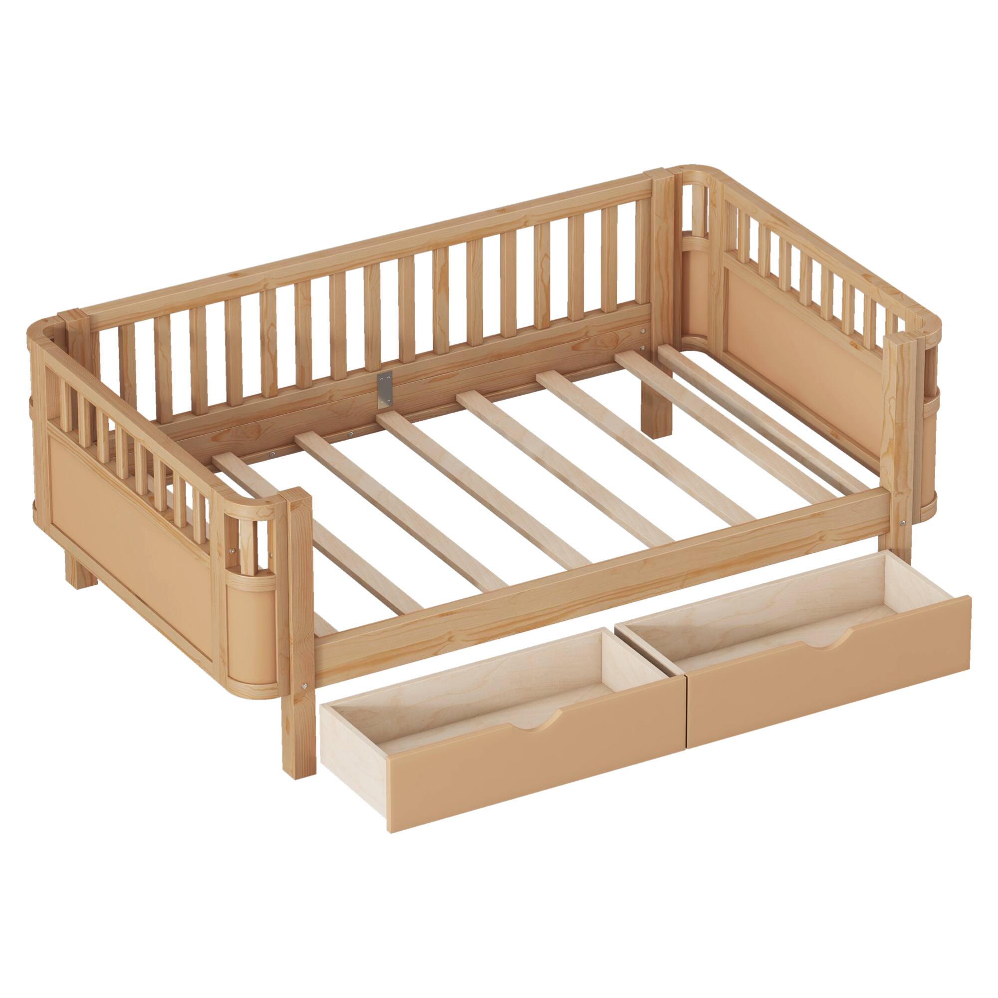Alt View 2. GOODSILO - Twin Size Wood Platform Bed with Safety Rails for Kids, Low Profile Design with Storage Drawers and Modern Style - Natural.