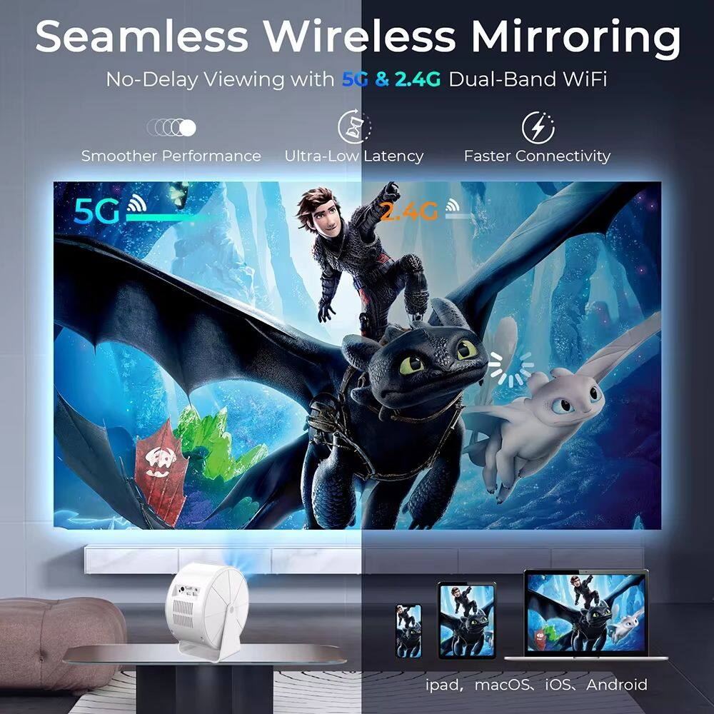 Seamless Wireless Mirroring  
No-Delay Viewing with 5G & 2.4G Dual-Band WiFi  
Smoother Performance  
Ultra-Low Latency  
Faster Connectivity  

5G  
2.4G  

ipad, macOS, iOS, Android