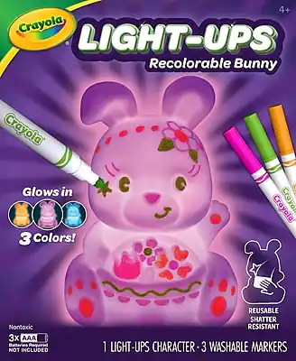 Crayola LIGHT-UPS Recolorable Bunny
- Glows in 3 Colors!
- Nontoxic
- 3x AAA Batteries Required (Not Included)
- 1 Light-Ups Character
- 3 Washable Markers
- Reusable
- Shatter Resistant
4+