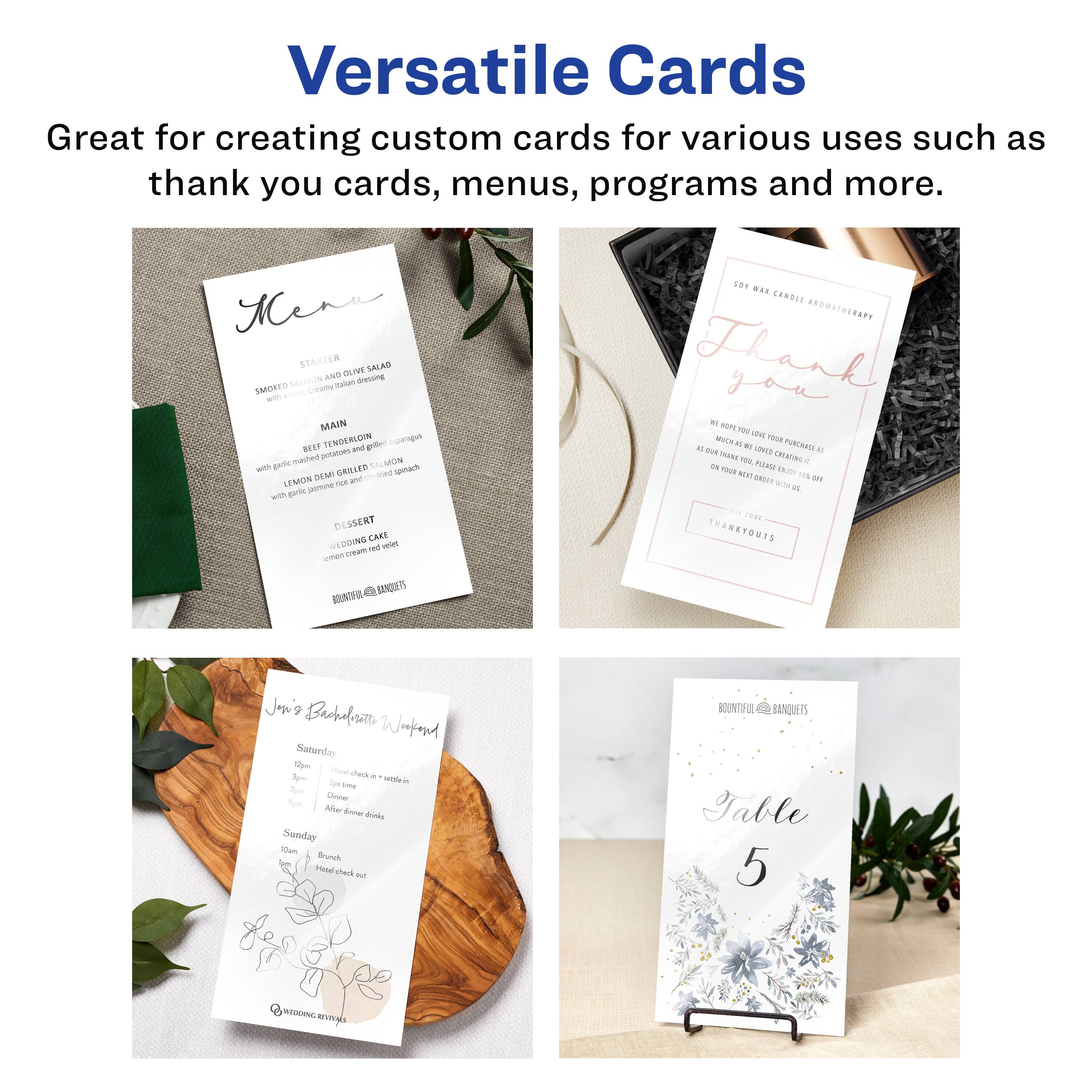 Versatile Cards

Great for creating custom cards for various uses such as thank you cards, menus, programs and more.