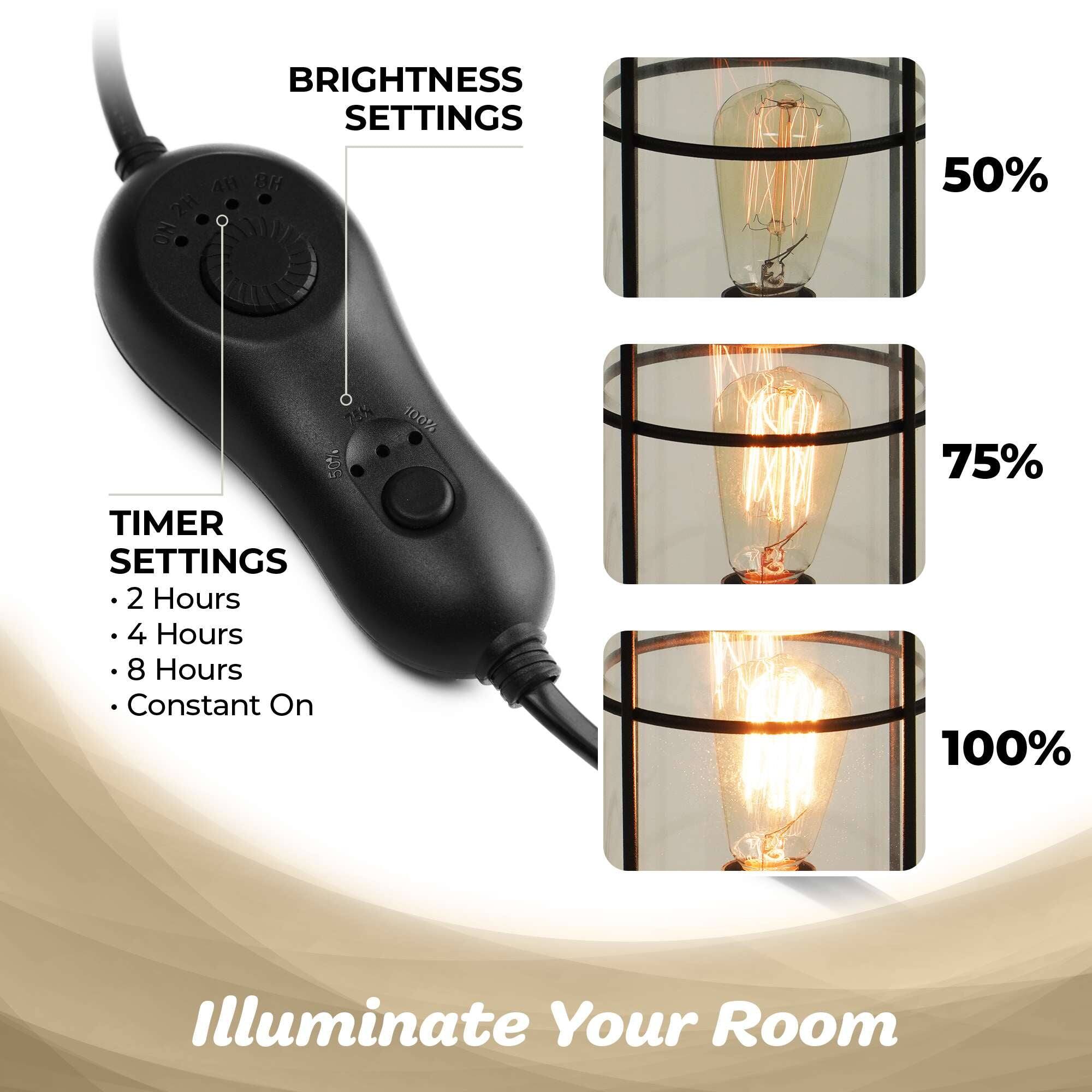 BRIGHTNESS SETTINGS  
- 4H  
- 2H  
- NO  
- 50%  
- 50%  

TIMER SETTINGS  
- 2 Hours  
- 4 Hours  
- 8 Hours  
- Constant On  
- 100%  
- 75%  
- 100%  

Illuminate Your Room