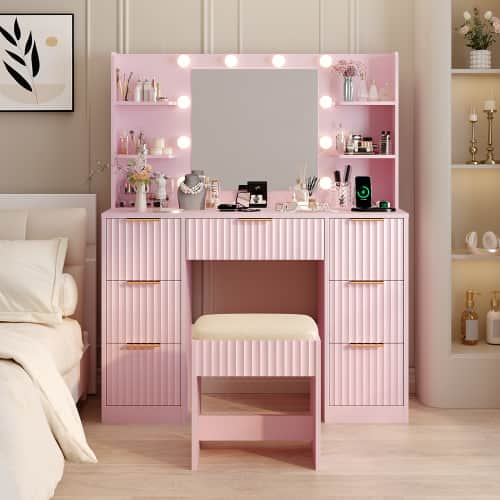 Winado - Fluted Makeup Vanity Set with Lighted Mirror & Charging Station, Dressing Table w/ 7 Drawers for Femal Gift - Pink price history on PriceWatchPro