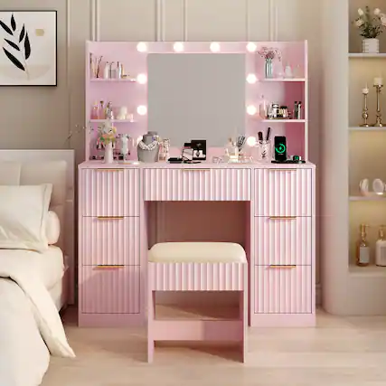 Front. Winado - Fluted Makeup Vanity Set with Lighted Mirror & Charging Station, Dressing Table w/ 7 Drawers for Femal Gift - Pink.