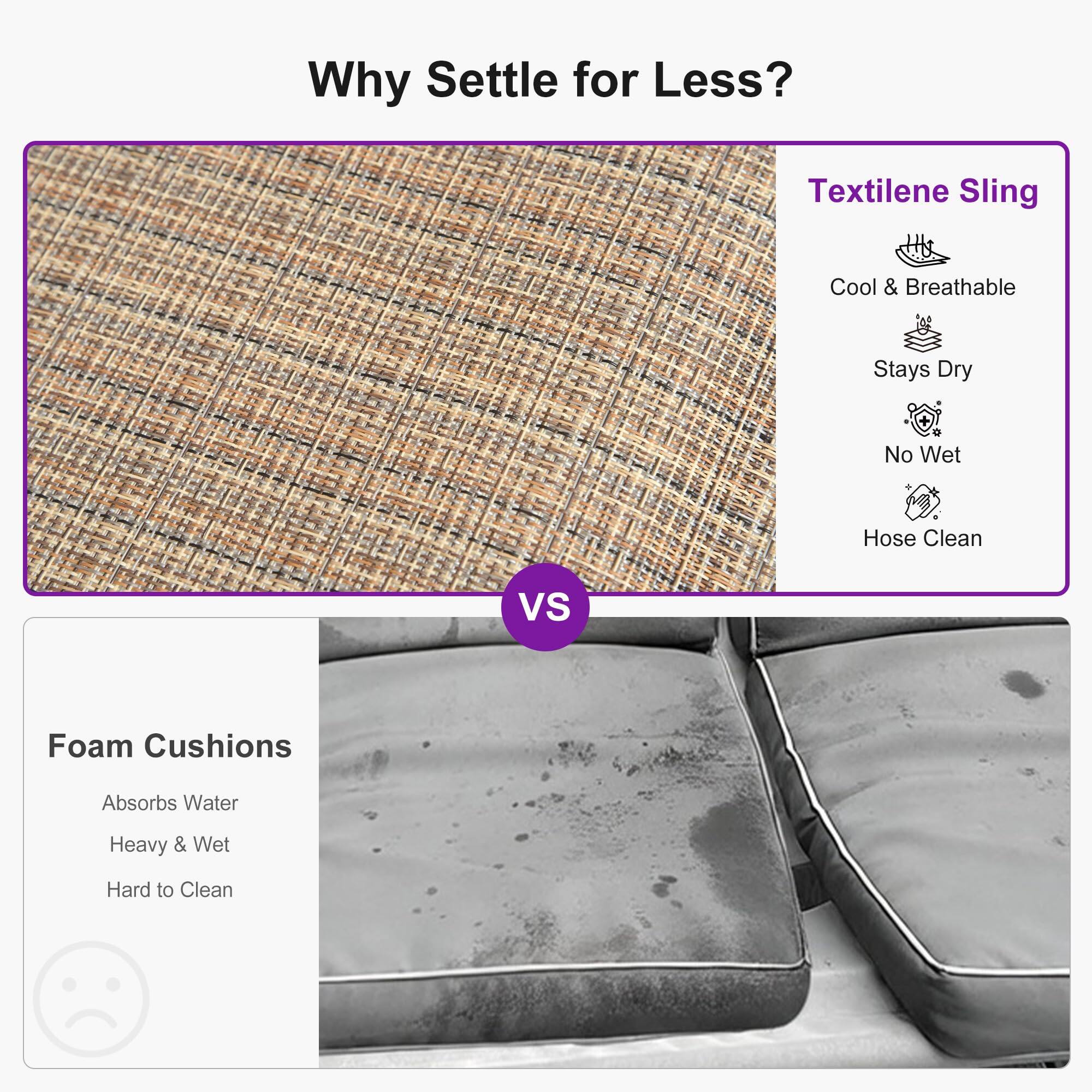 Why Settle for Less?

Textilene Sling
- Cool & Breathable
- Stays Dry
- No Wet
- Hose Clean

VS

Foam Cushions
- Absorbs Water
- Heavy & Wet
- Hard to Clean