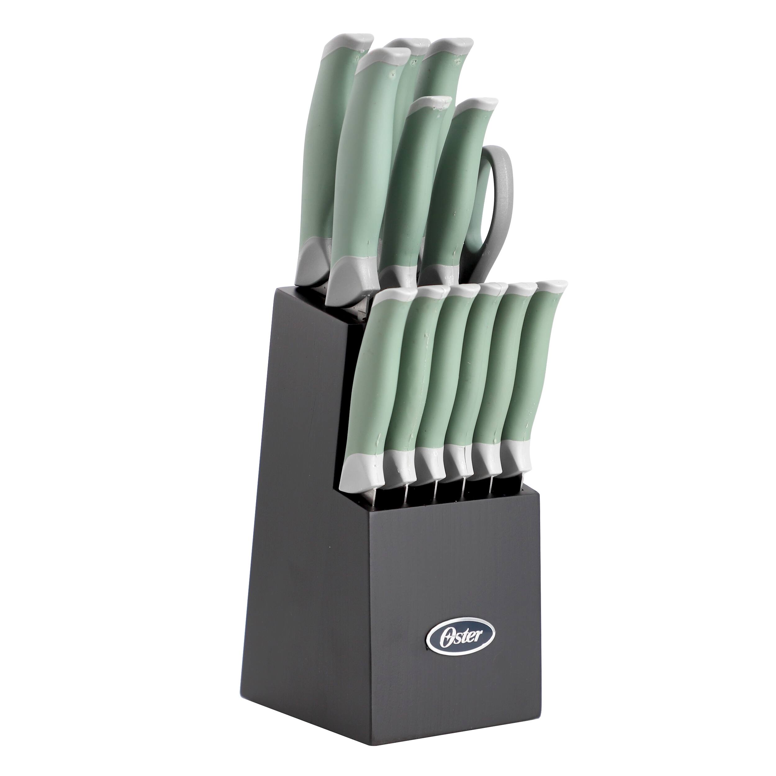 Front. Oster - Oster Lindbergh 14 Piece Stainless Steel Cutlery Set in Green with Soft Grip Handles - Green.