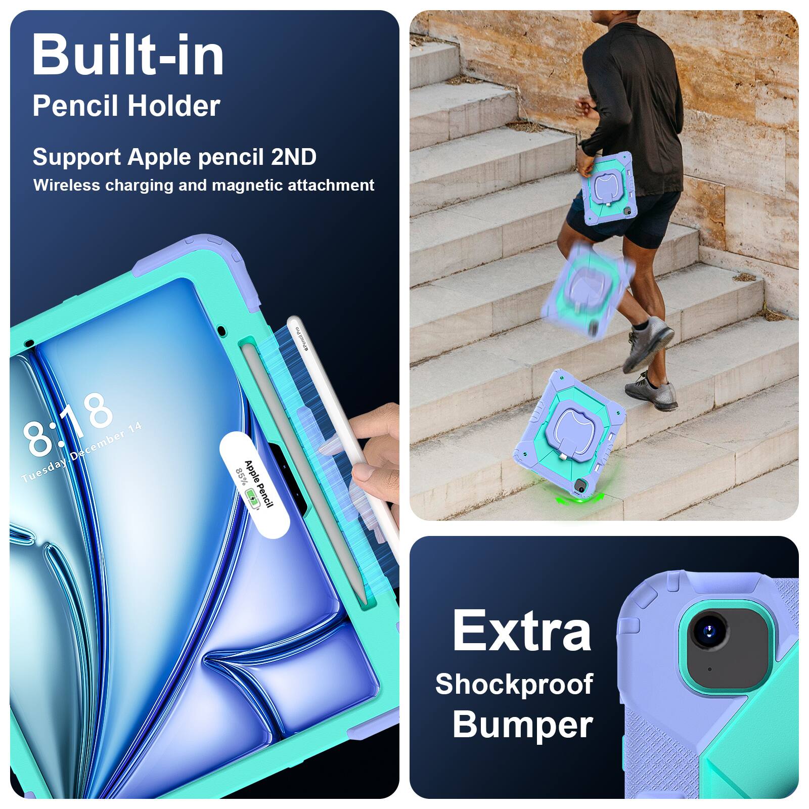 Built-in Pencil Holder  
Support Apple pencil 2ND  
Wireless charging and magnetic attachment  

8:18  
Tuesday, December 14  

Extra Shockproof Bumper