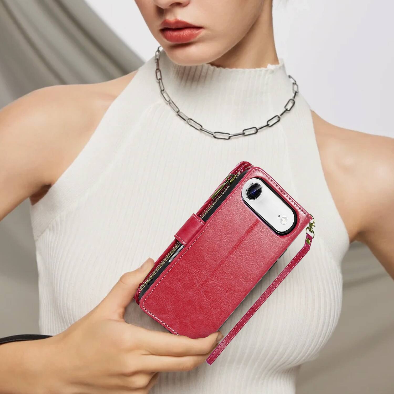 Alt View 7. Equipd - Phone Case for iPhone 17 Air 6.5", Luxury Wallet Card ID Zipper Money Holder Cover (Red) - Red.