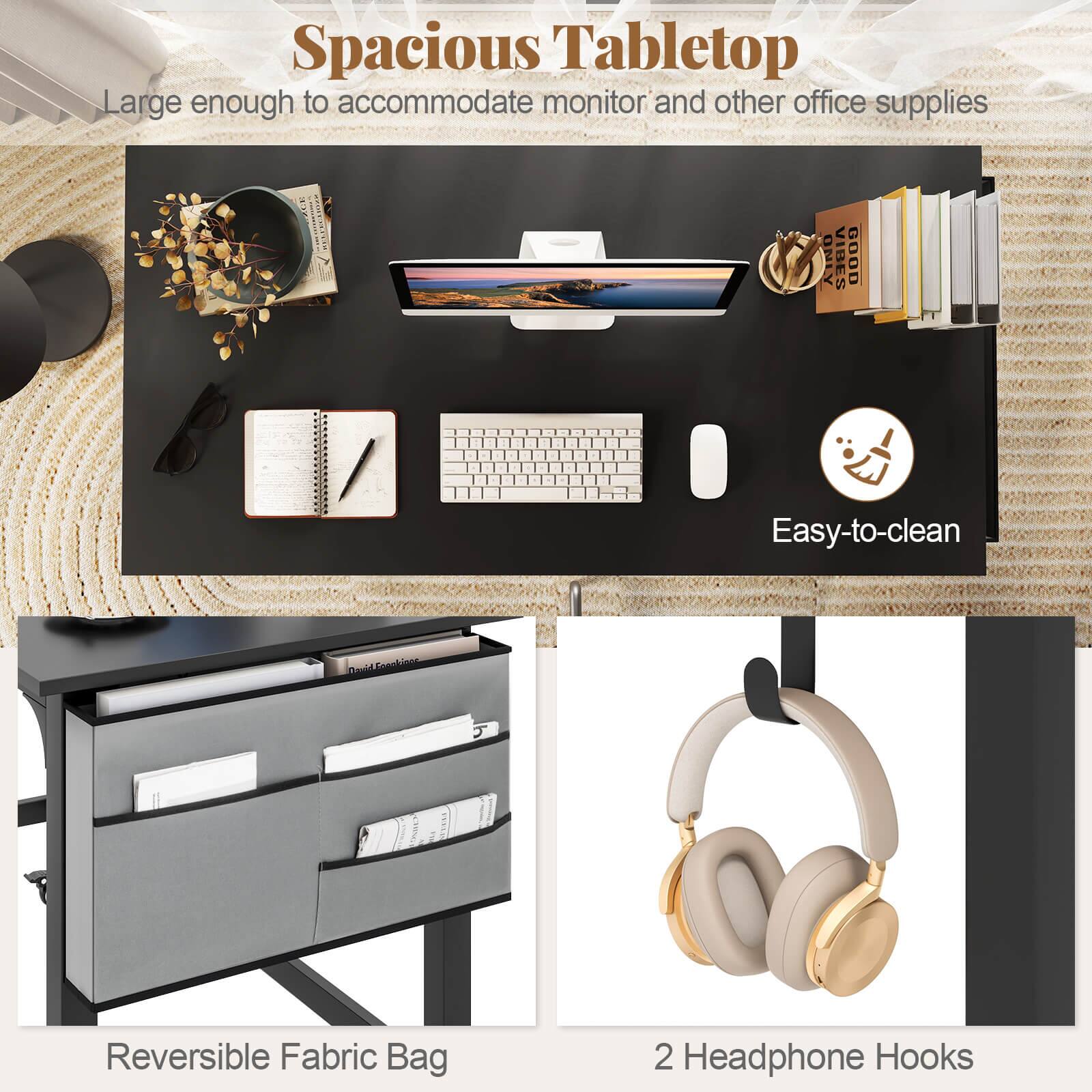 Spacious Tabletop, Large enough to accommodate monitor and other office supplies, Easy-to-clean, Reversible Fabric Bag, 2 Headphone Hooks