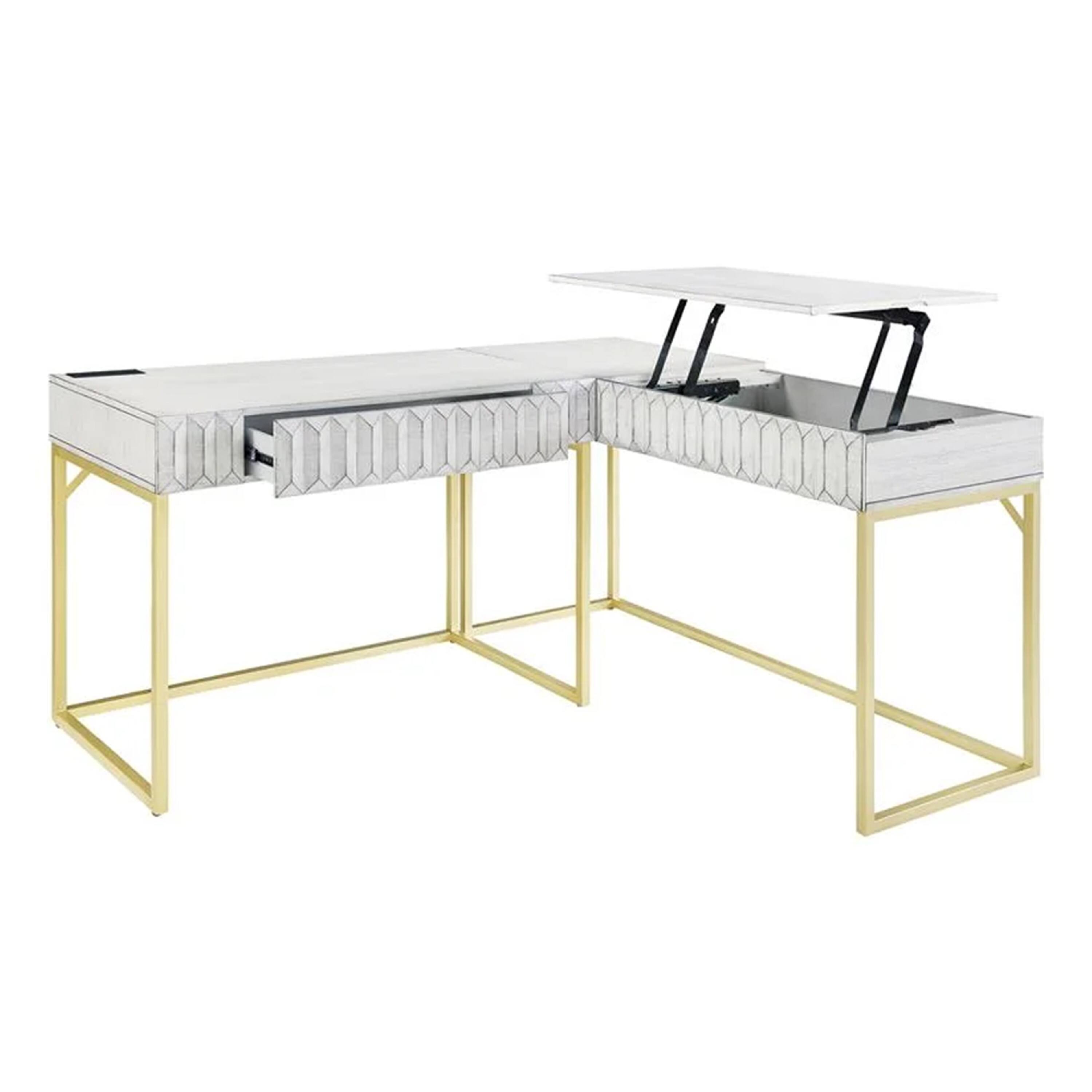 Front. Manhattan Lane - Fredie Corner Desk with Lift-Top USB Port, Gold Frame, Antique White - Antique White, Gold.