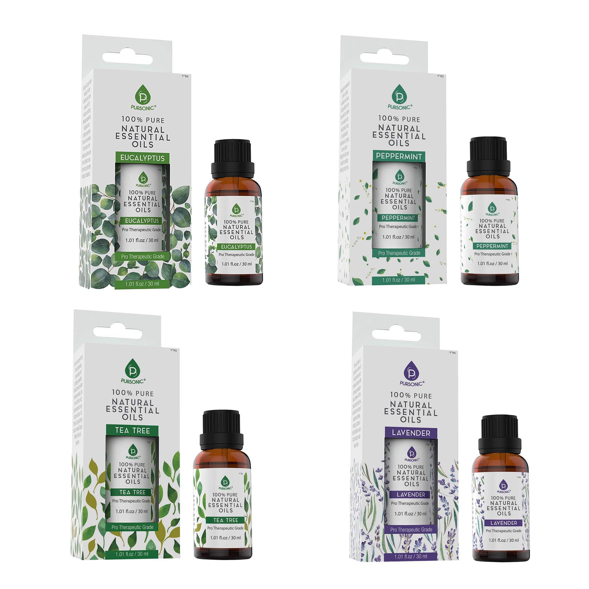 Pursonic - 4-Pack Pure & Natural Essential Oils Collection – Eucalyptus, Lavender, Tea Tree, and Peppermint - Multicolor