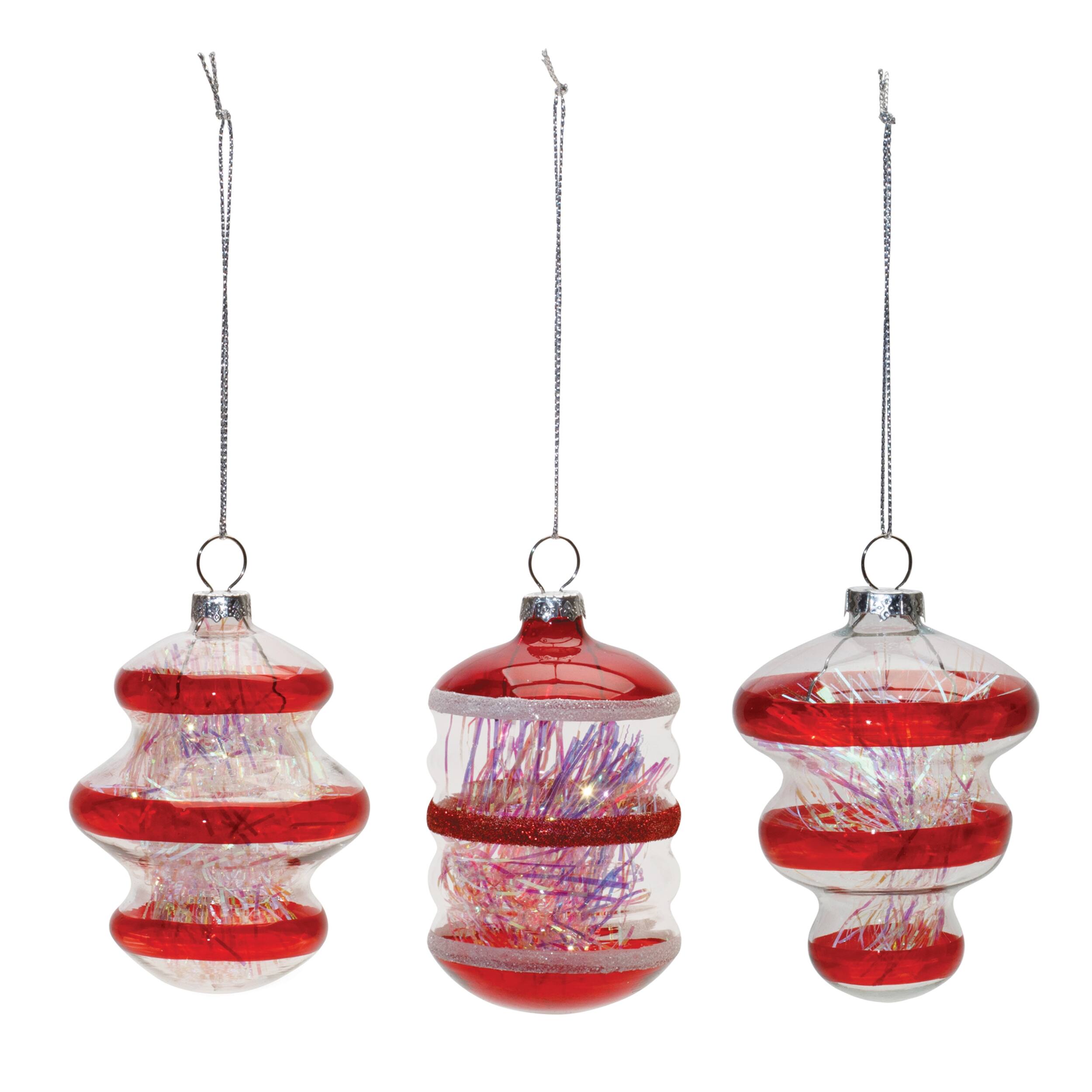 Angle. BreeBe - Finial Glass Ornament with Tinsel Filling (Set of 12) - Red.