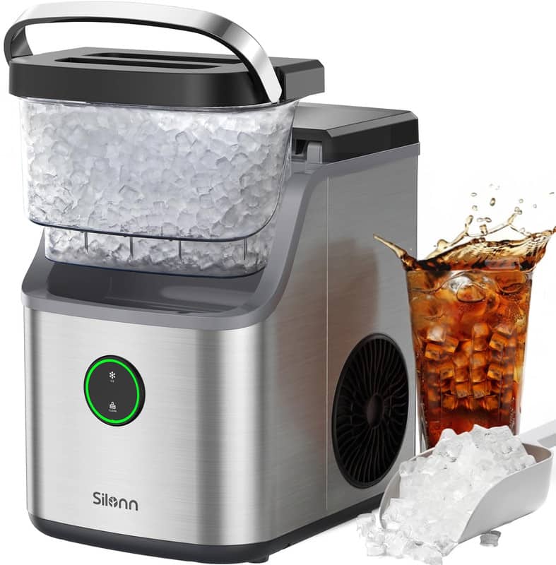 Front. Silonn - 33lb Countertop Mini Nugget Ice Maker with Handle Basket and Auto Clean Model: Slim42T - Stainless Steel.