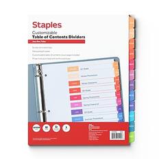 Staples Customizable Table of Contents Dividers
June-Doe Tube
Sturdy tabs
Heavyweight paper
Customizable table of contents cover page included
Three-hole punched with reinforced holes
MAR
APR
MAY
Q1 Goals
Winter Promotions
JUN
Winter Clearance
JUL
C2 Goals
Spring Promotions
AUG
Spring Clearance
SEP
AX Goals
Summer Promotions
OCT
LETTER 12
NOV
DEC
LETTER 12
6
1