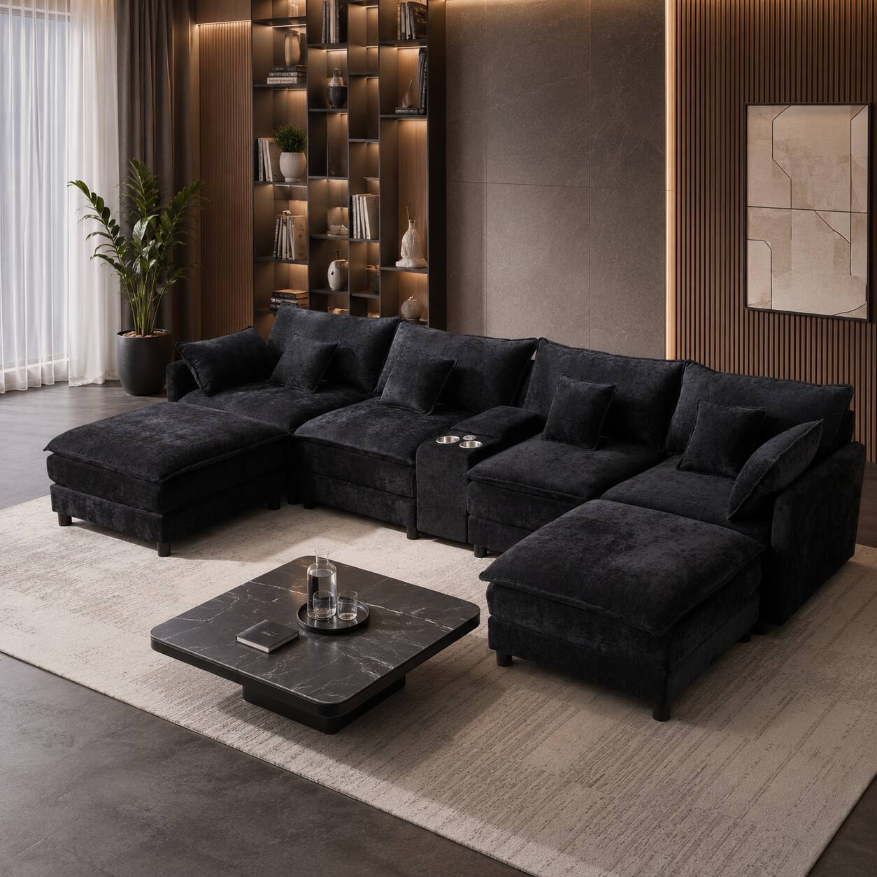 Angle. Anysun - 141" Seven-Piece U-Shaped Sofa Set – Center Console Coffee Table with USB Ports & Cup Holders – Includes 6 Pillows - Black.