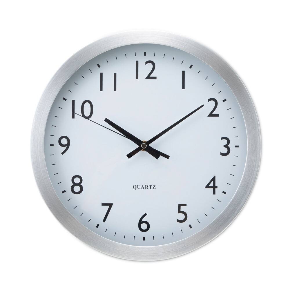 Universal - UNV10425 12 in. Overall Diameter Brushed Aluminum Wall Clock - Silver Case - White/Silver