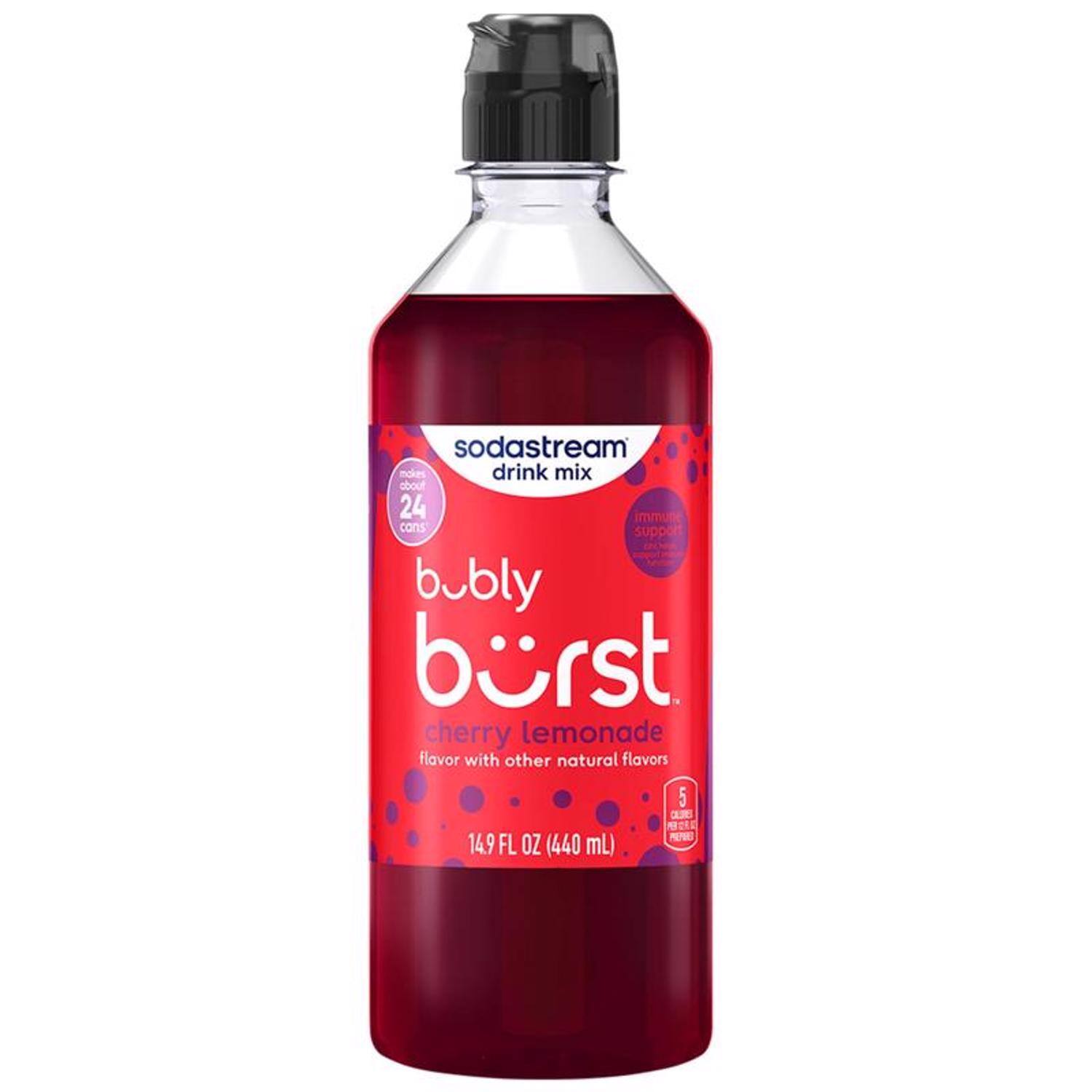 Sodastream makes drink mix about 24 immune cans support Bubly Burst cherry lemonade flavor with other natural flavors. 5 COLORS 19 PREPORT 14.9 FL OZ (440 mL)