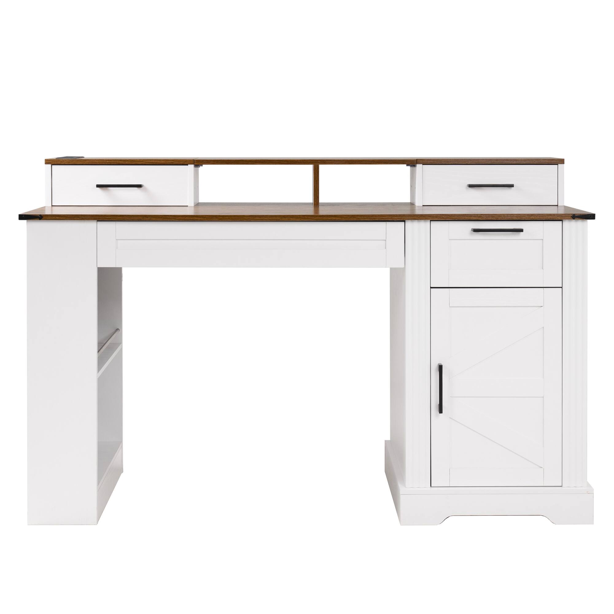 Alt View 10. Loheer - Loheer Farmhouse Office Desk, 55 Inch White Farmhouse Desk with Storage Cabinet, Charging Station, Monitor Stand - White.