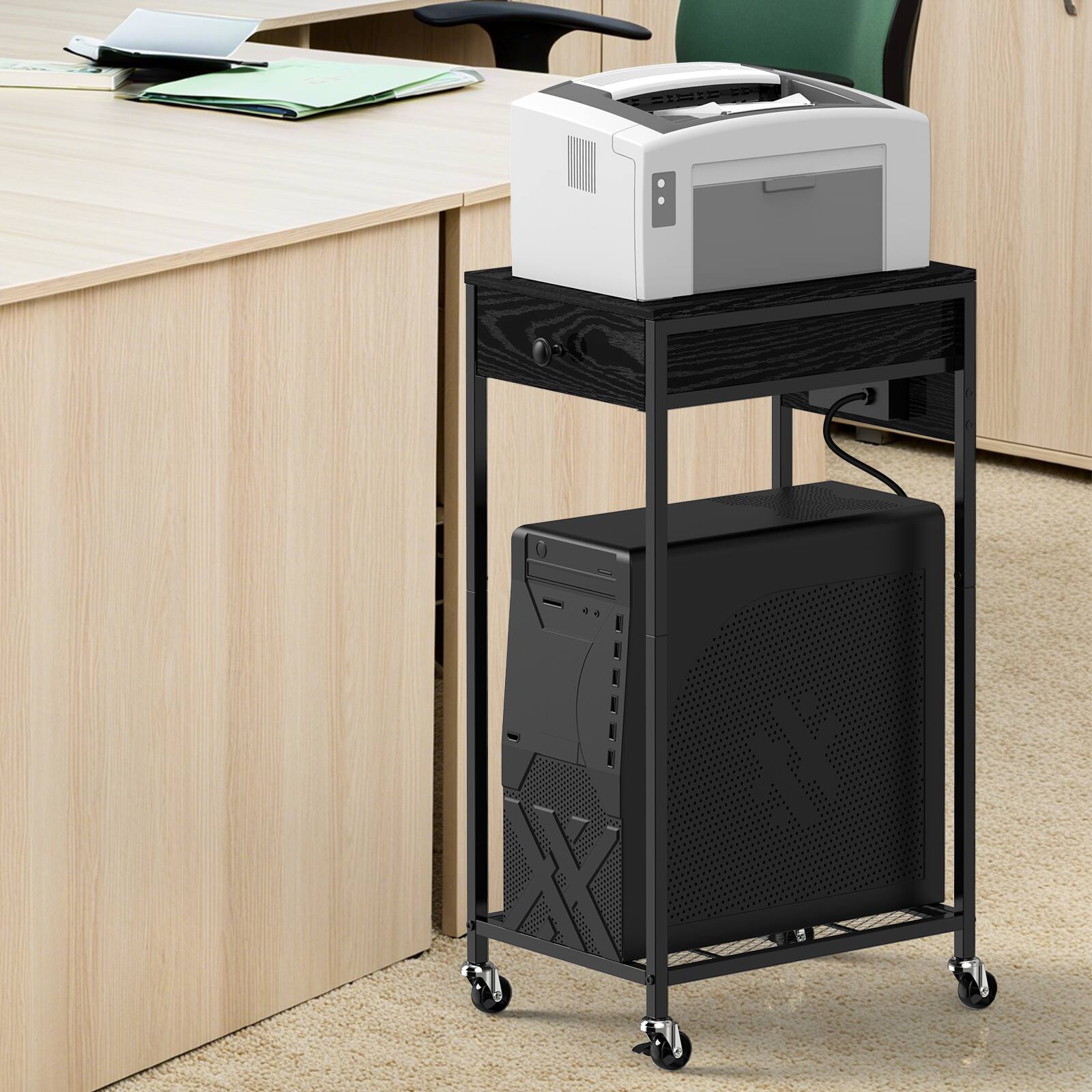 Angle. Oumilen - Mobile Printer Stand with Charging Station & Wooden Drawer, Black Rolling Side Table with Mesh Storage Shelf - Black.