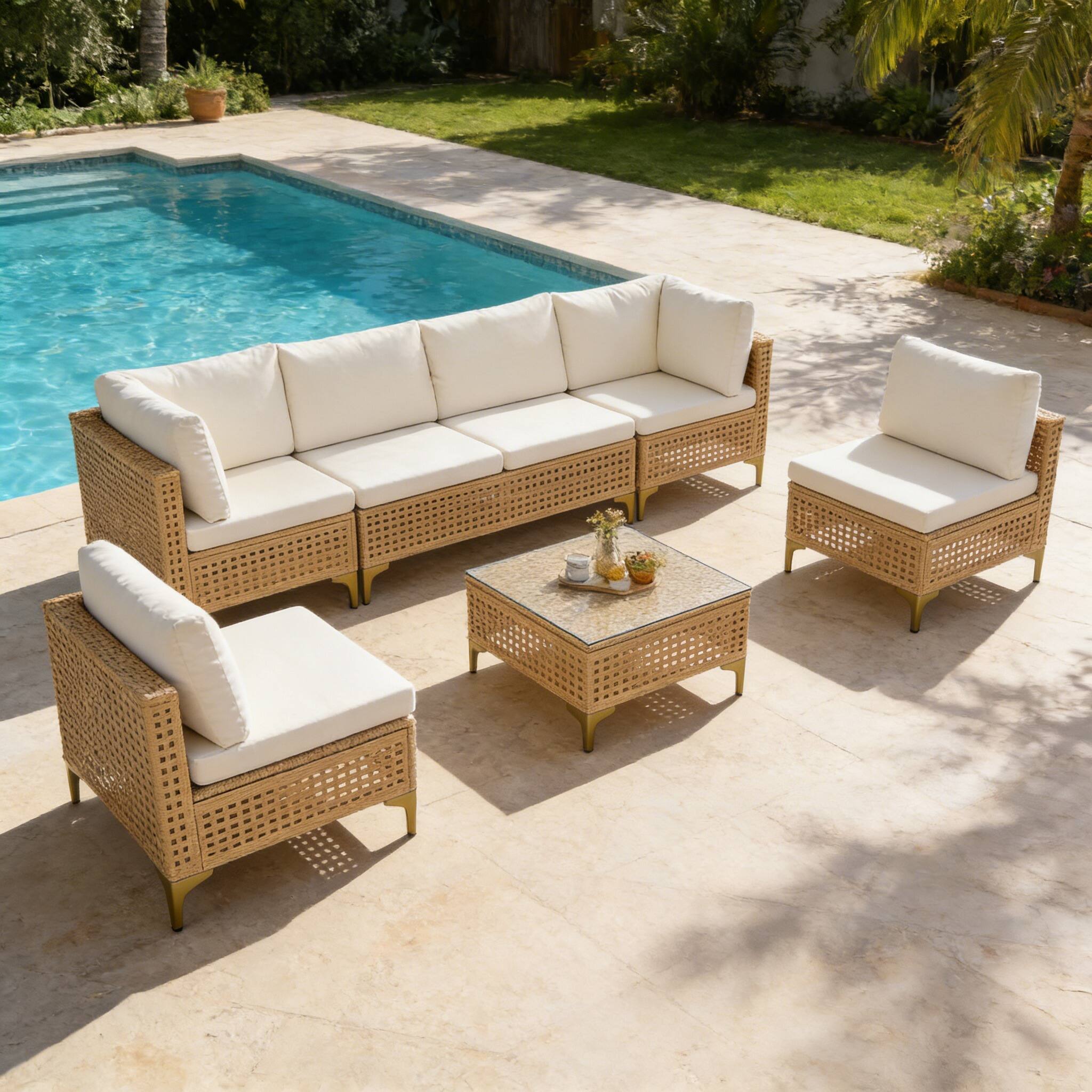 Angle. Ainfox - Ainfox 7 Piece Wicker Patio Furniture Set,Outdoor Conversation Set Sectional Sofa with Thick Cushions for Backyard,Porch - 7PCS Beige.