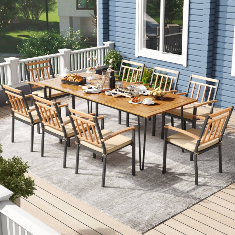 Left. Mondawe - 9 Pieces Patio Dining Outdoor Furniture Set with 8 Chairs and Umbrella Hole - Acacia Wood, Metal.