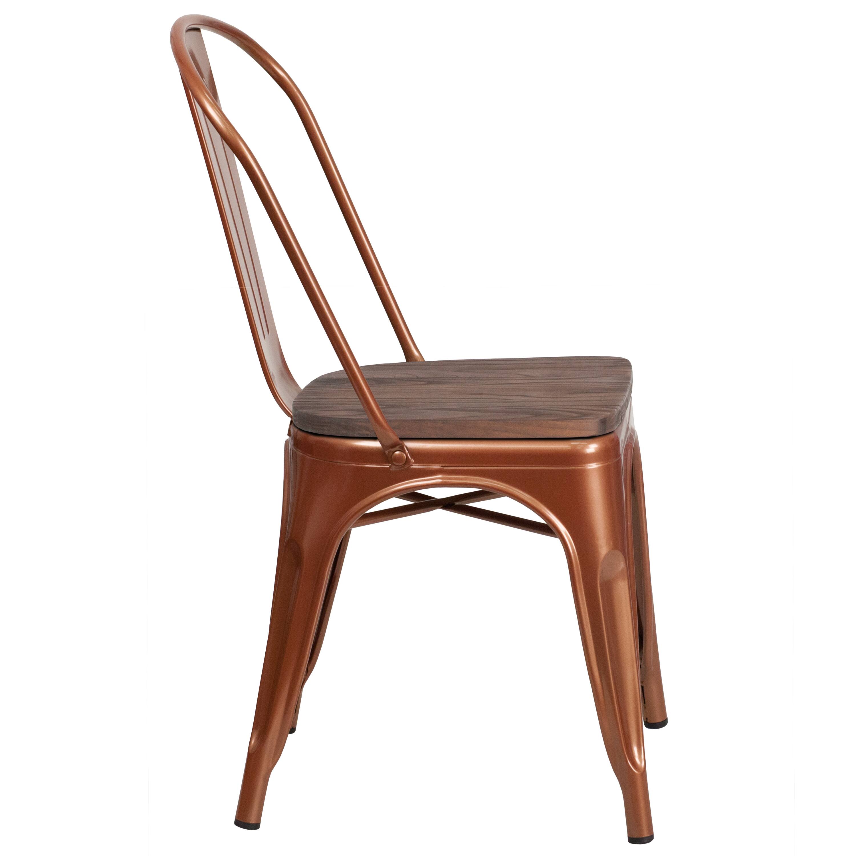 Alt View 4. Emma + Oliver - Colorful Metal Dining Stack Chair with Wood Seat - Copper.