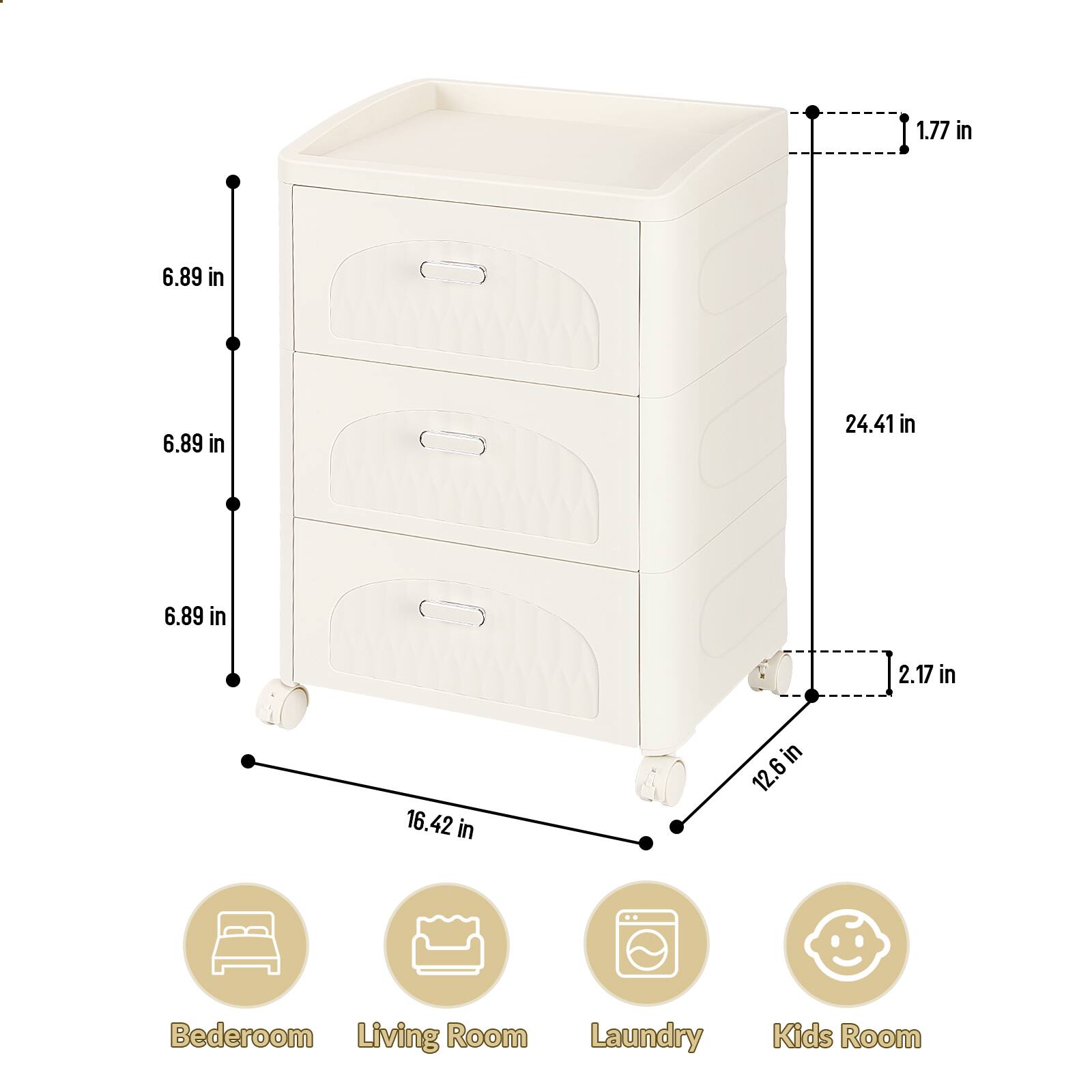 1.77 in  
6.89 in  
6.89 in  
24.41 in  
6.89 in  
2.17 in  
16.42 in  
12.6 in  

Bedroom  
Living Room  
Laundry  
Kids Room