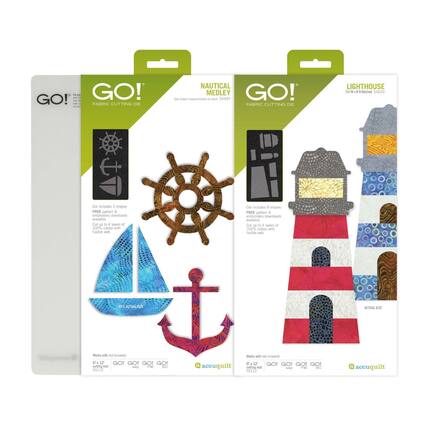 **GO! Fabric Cutting Die**
**Nautical Medley**
SKU: 55497
- Die includes 5 shapes
- FREE pattern & embroidery downloads
- Cut up to 4 layers of 100% cotton with fusible web
**Lighthouse**
SKU: 55633
- Die includes 5 shapes
- FREE pattern & embroidery downloads
- Cut up to 4 layers of 100% cotton with fusible web
**Works with GO! (not included)**
- 6" x 12"
- 55112
**Actual Size**
- 85% Actual Size
**acquilt**
