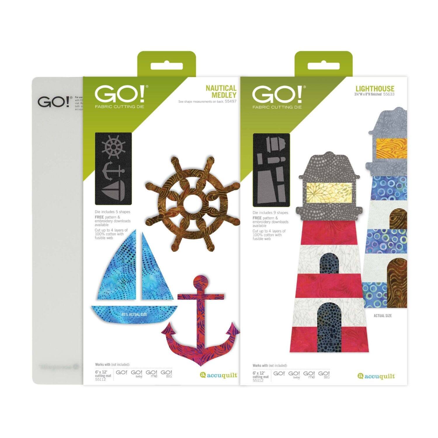 **GO! Fabric Cutting Die**

**Nautical Medley**  
SKU: 55497  
- Die includes 5 shapes  
- FREE pattern & embroidery downloads  
- Cut up to 4 layers of 100% cotton with fusible web  

**Lighthouse**  
SKU: 55633  
- Die includes 5 shapes  
- FREE pattern & embroidery downloads  
- Cut up to 4 layers of 100% cotton with fusible web  

**Works with GO! (not included)**  
- 6" x 12"  
- 55112  

**Actual Size**  
- 85% Actual Size  

**acquilt**