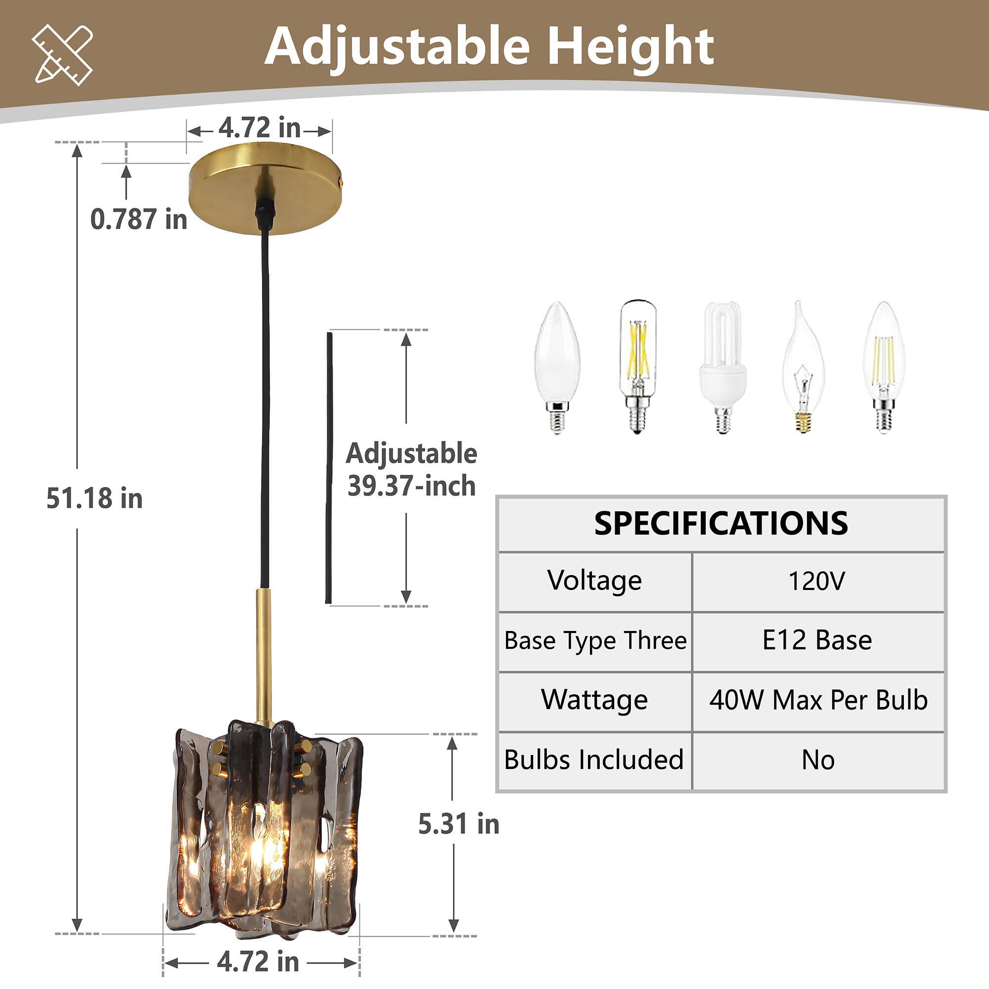 Adjustable Height

- 4.72 in
- 0.787 in
- 51.18 in
- Adjustable 39.37-inch

SPECIFICATIONS

- Voltage: 120V
- Base Type: Three E12 Base
- Wattage: 40W Max Per Bulb
- Bulbs Included: No

- 5.31 in
- 4.72 in