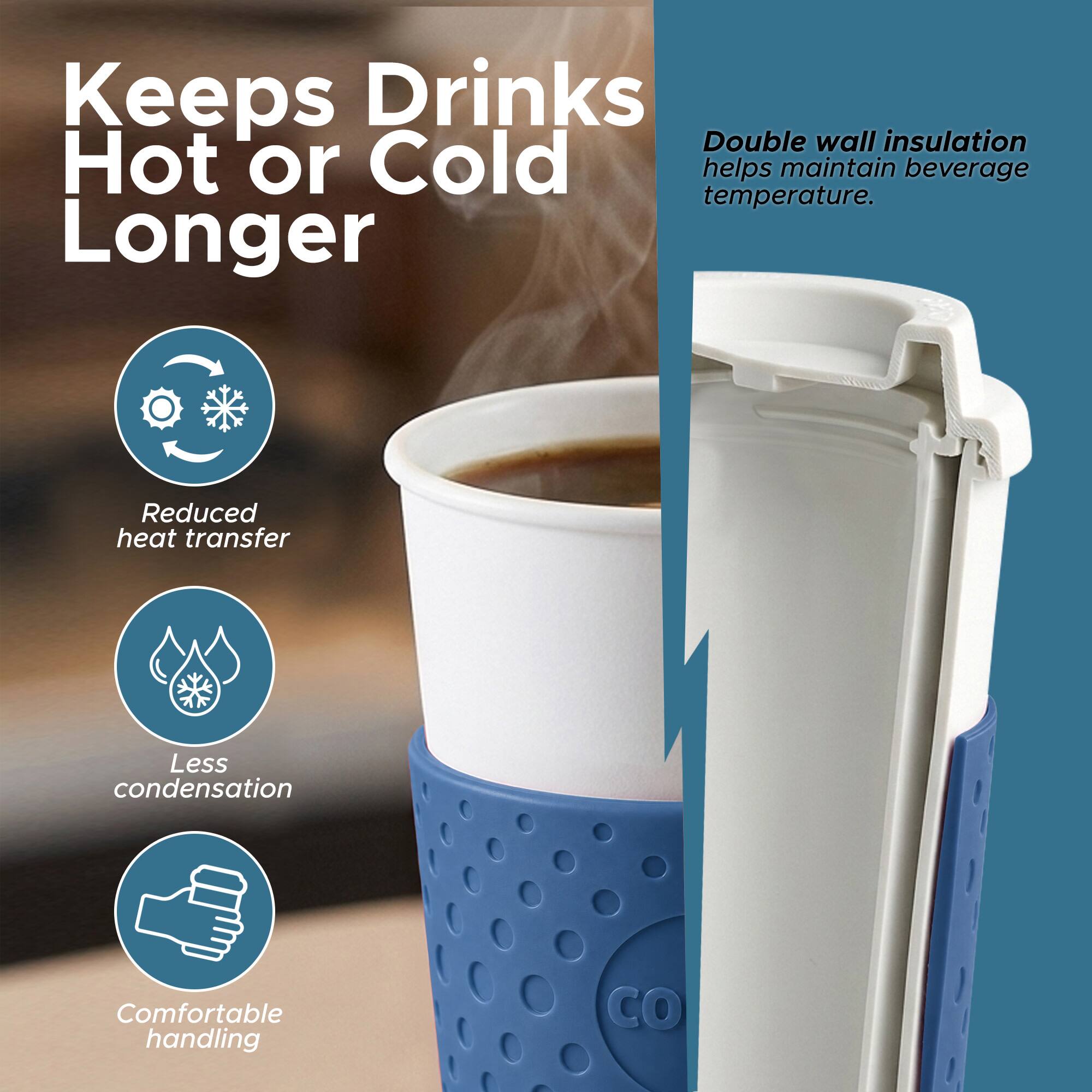 Keeps Drinks Hot or Cold Longer

Double wall insulation helps maintain beverage temperature.

- Reduced heat transfer
- Less condensation
- Comfortable handling
