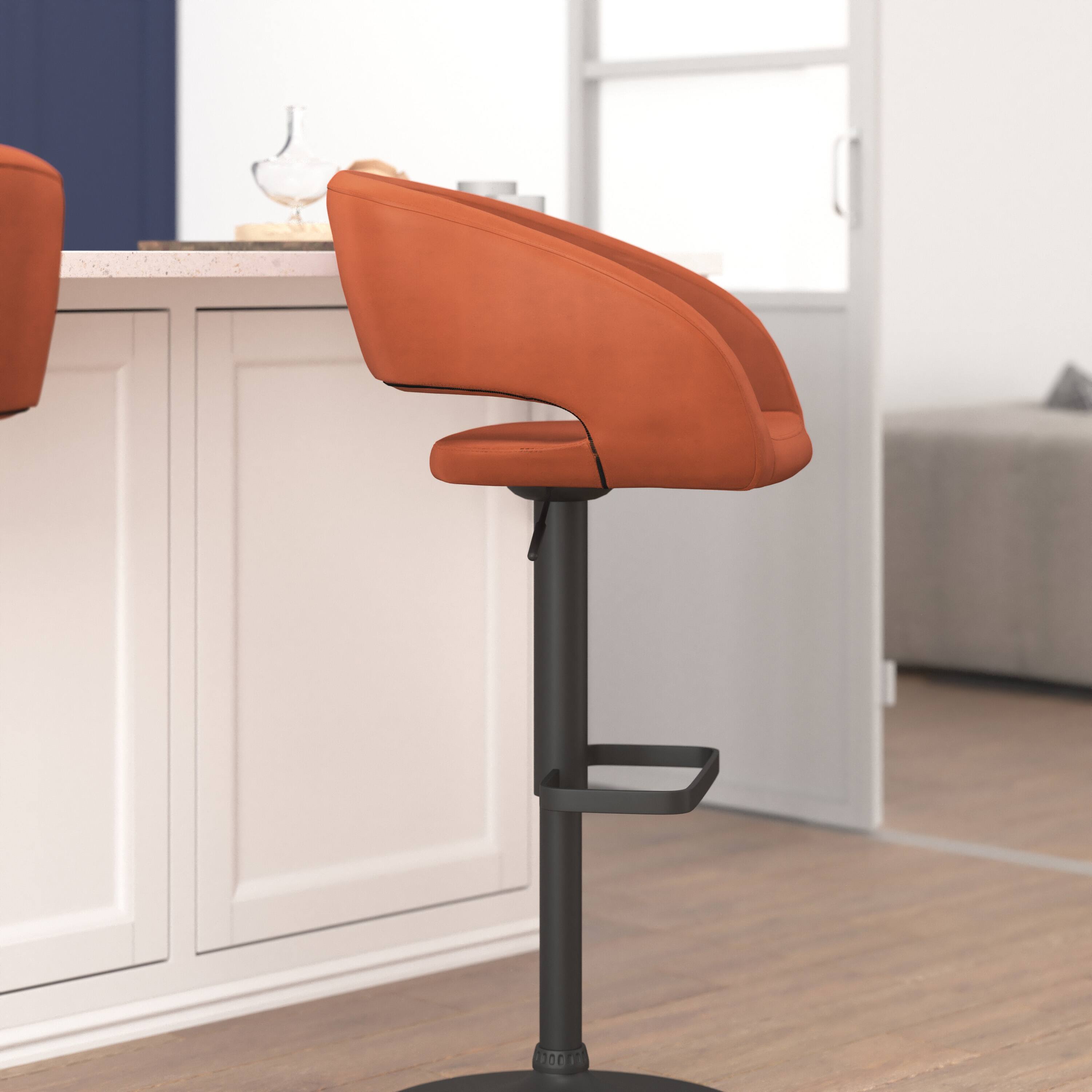 Alt View 3. Emma + Oliver - Shae Contemporary Upholstered Adjustable Height Barstool with Rounded, Cutout Mid-Back and Pedestal Base - Cognac Vinyl/Black Frame.
