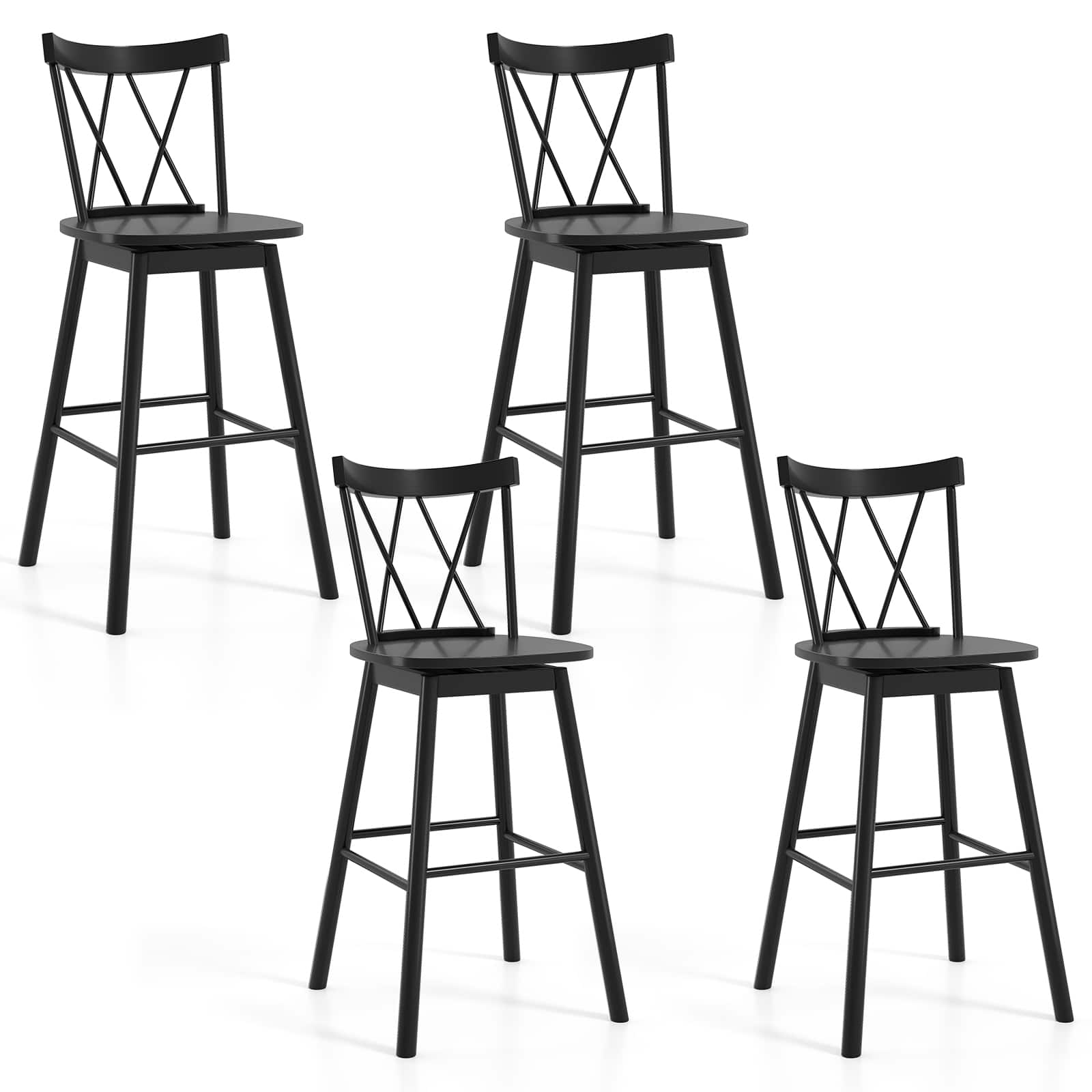 Gymax - Windsor Bar Stool Set of 4 29'' Swivel Rubber Wood Dining Chairs Spacious Seat - Black