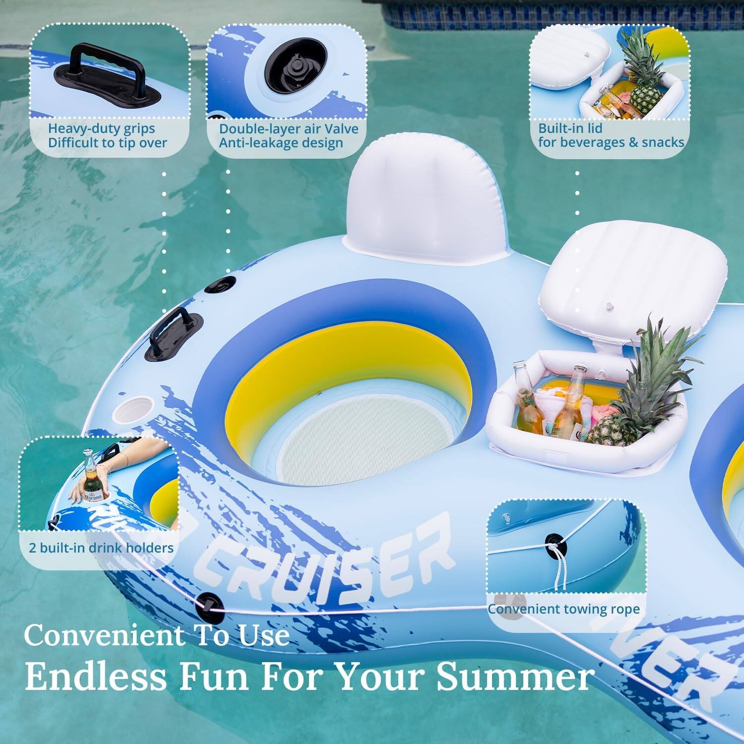 Heavy-duty grips, Difficult to tip over, Double-layer air Valve, Anti-leakage design, Built-in lid for beverages & snacks, 2 built-in drink holders, Convenient towing rope, Convenient to use, Endless Fun For Your Summer.
