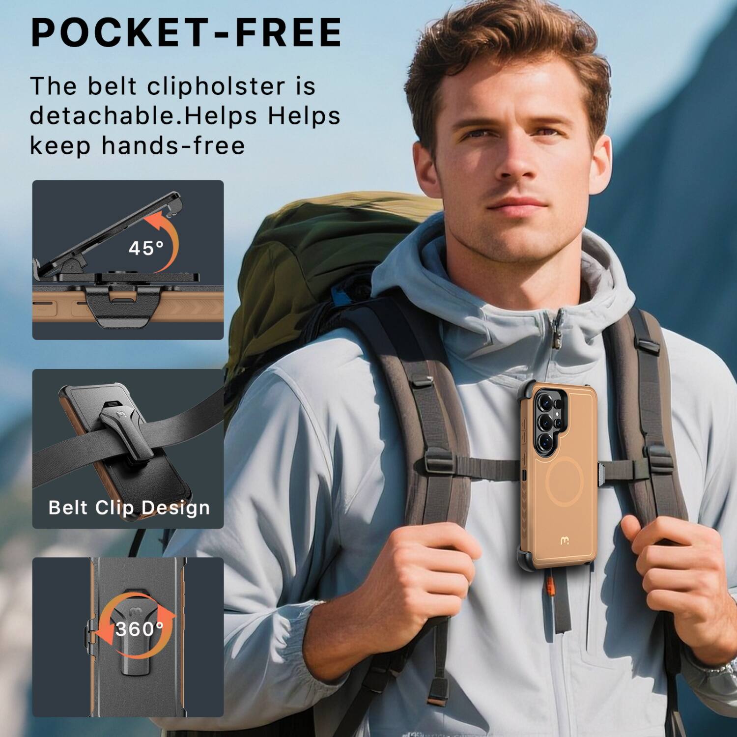 POCKET-FREE  
The belt clip holster is detachable. Helps keep hands-free  

45°  

Belt Clip Design  

360°