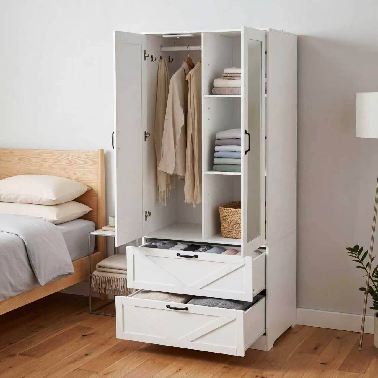 Angle. Z-Edge - Wooden Armoire Wardrobe with Mirror and 2 Drawers, 2 Doors, 71.7" Tall Freestanding Clothing Storage Cabinet for Bedroom - White.