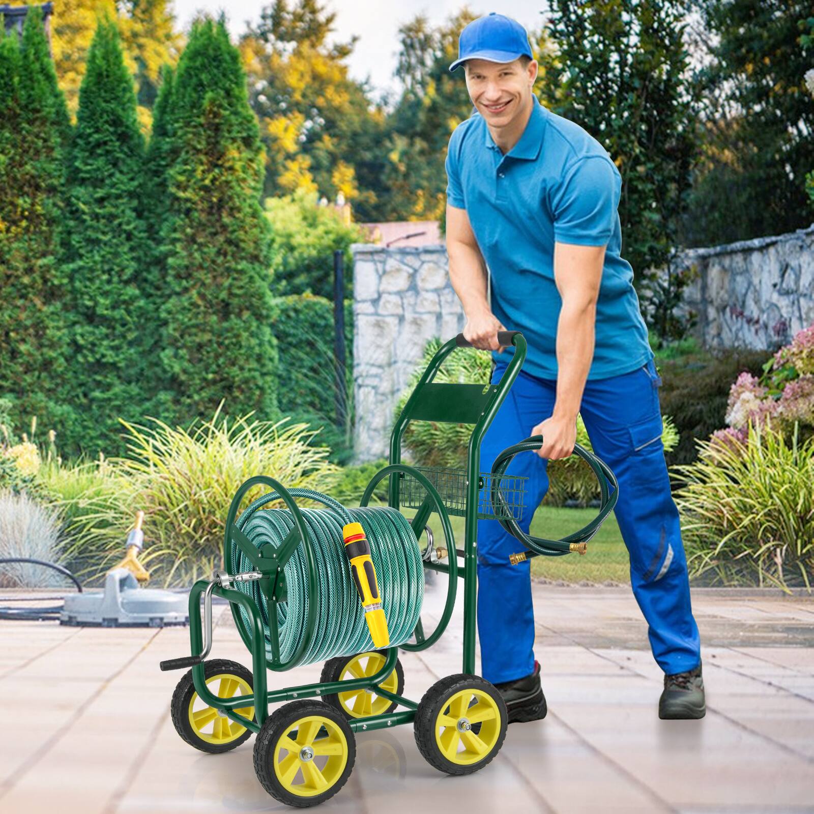 Alt View 4. Gymax - Gymax Garden Hose Reel Cart 300 FT of 5/8'' Large Capacity Heavy-Duty Metal Hose Cart Green - Green.